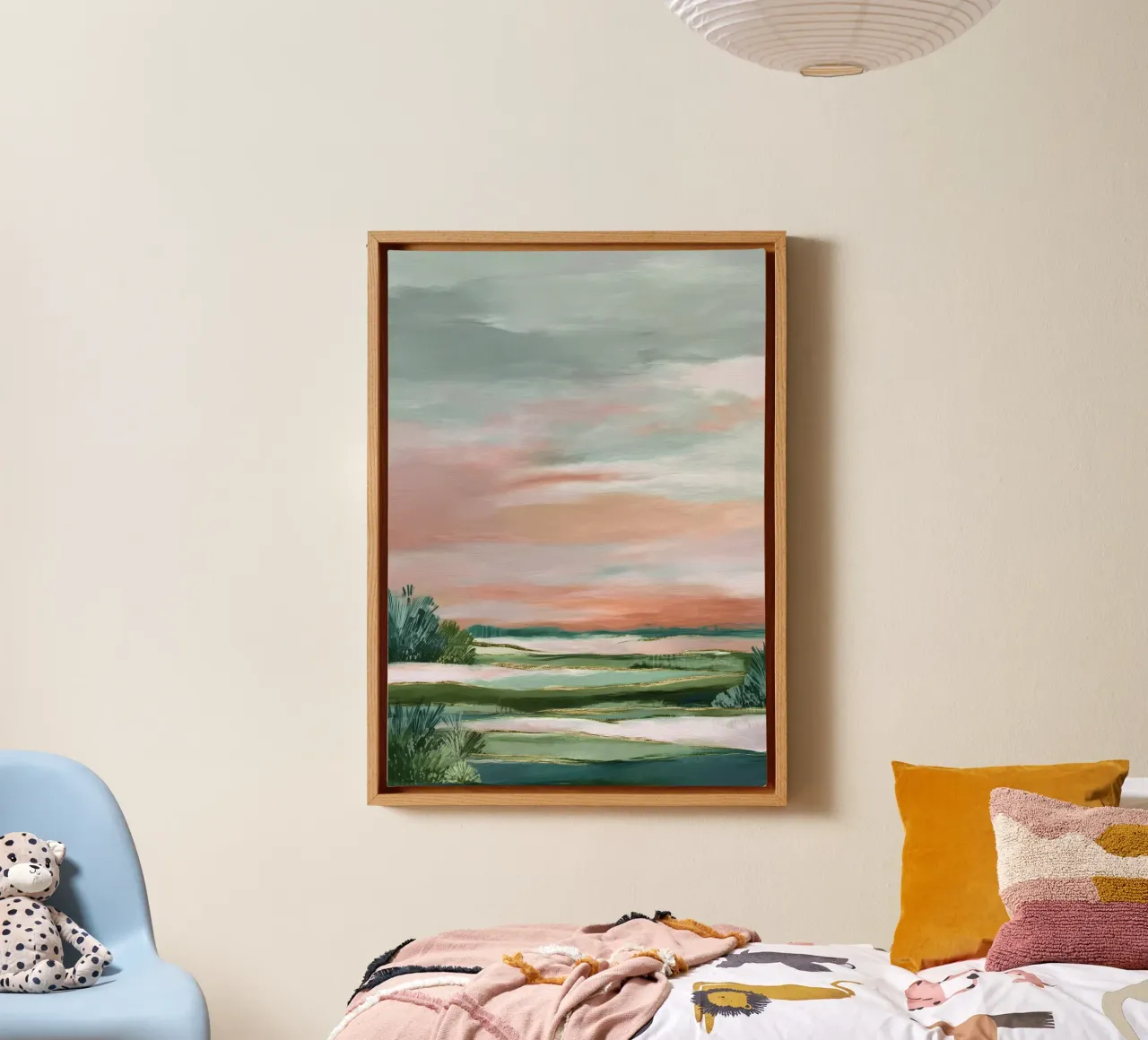 Blush Meadow - Modern Soft Landscape in Green and Rose canvas met Baklijst van Dune