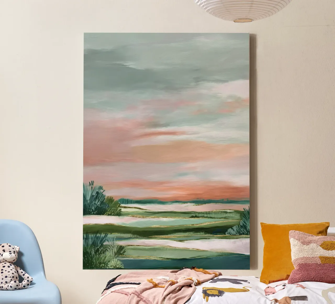 Blush Meadow - Modern Soft Landscape in Green and Rose canvas met Baklijst van Dune
