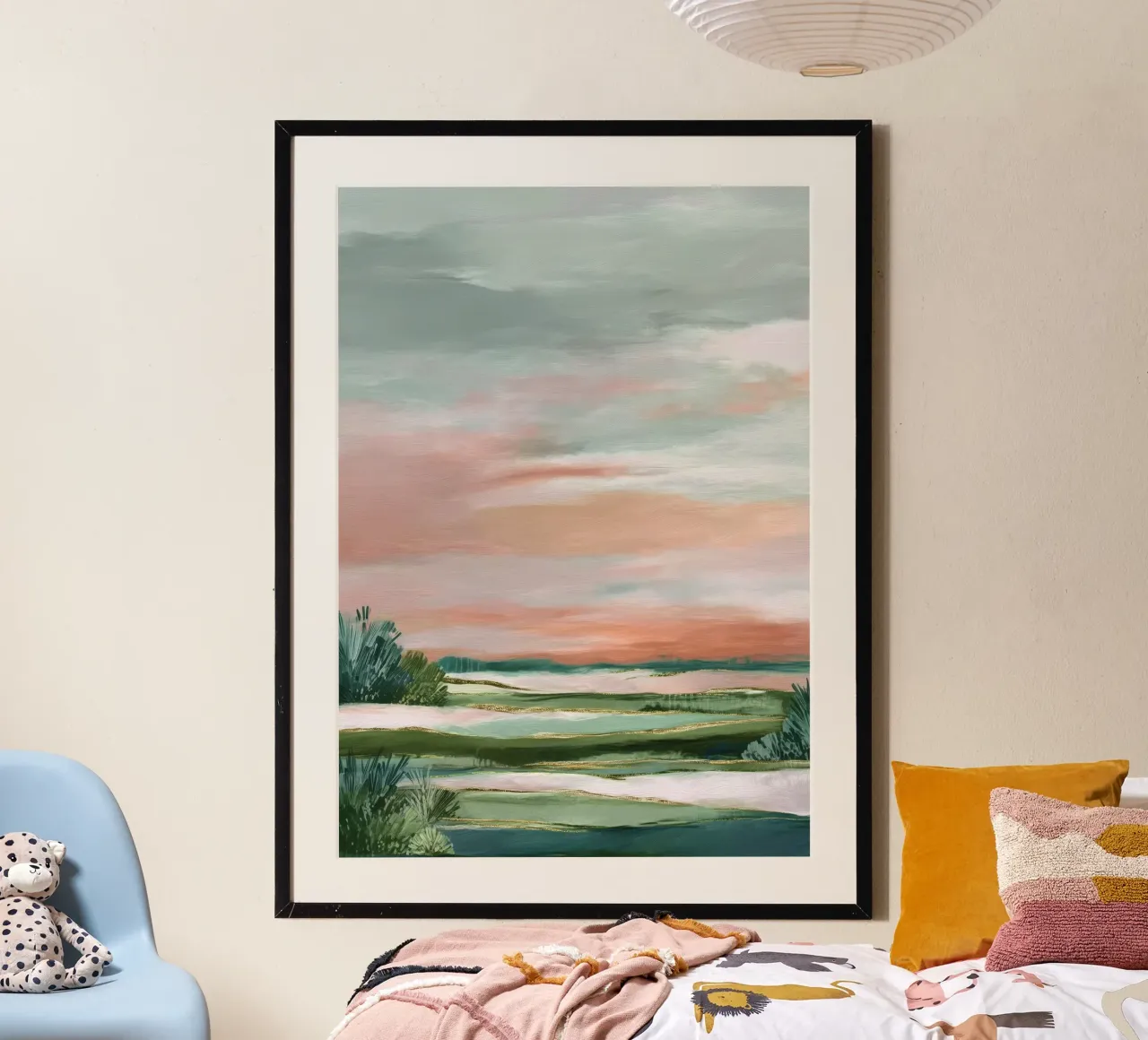 Blush Meadow - Modern Soft Landscape in Green and Rose poster con telaio in alluminio da Dune