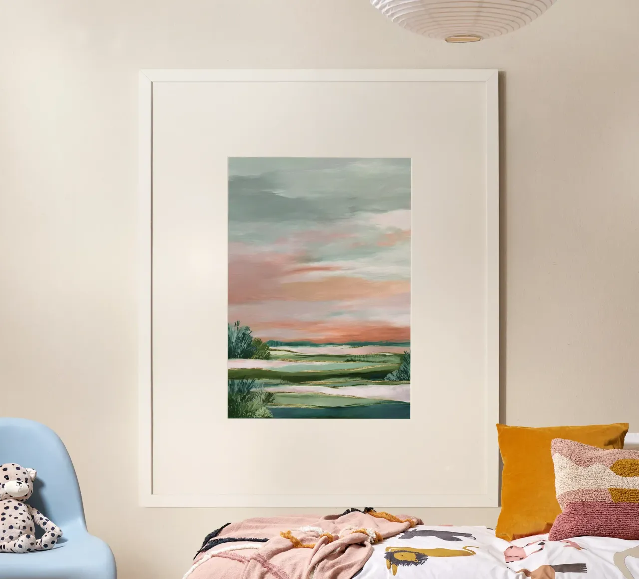 Blush Meadow - Modern Soft Landscape in Green and Rose poster con telaio in alluminio da Dune