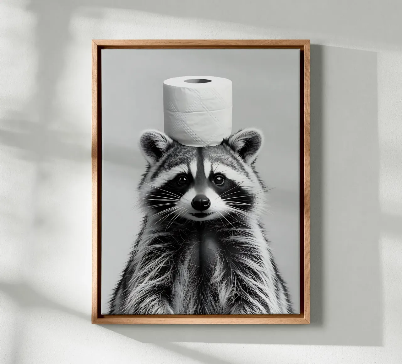Raccoon and toilet paper canvas with Floater frame by Plain Thoughts