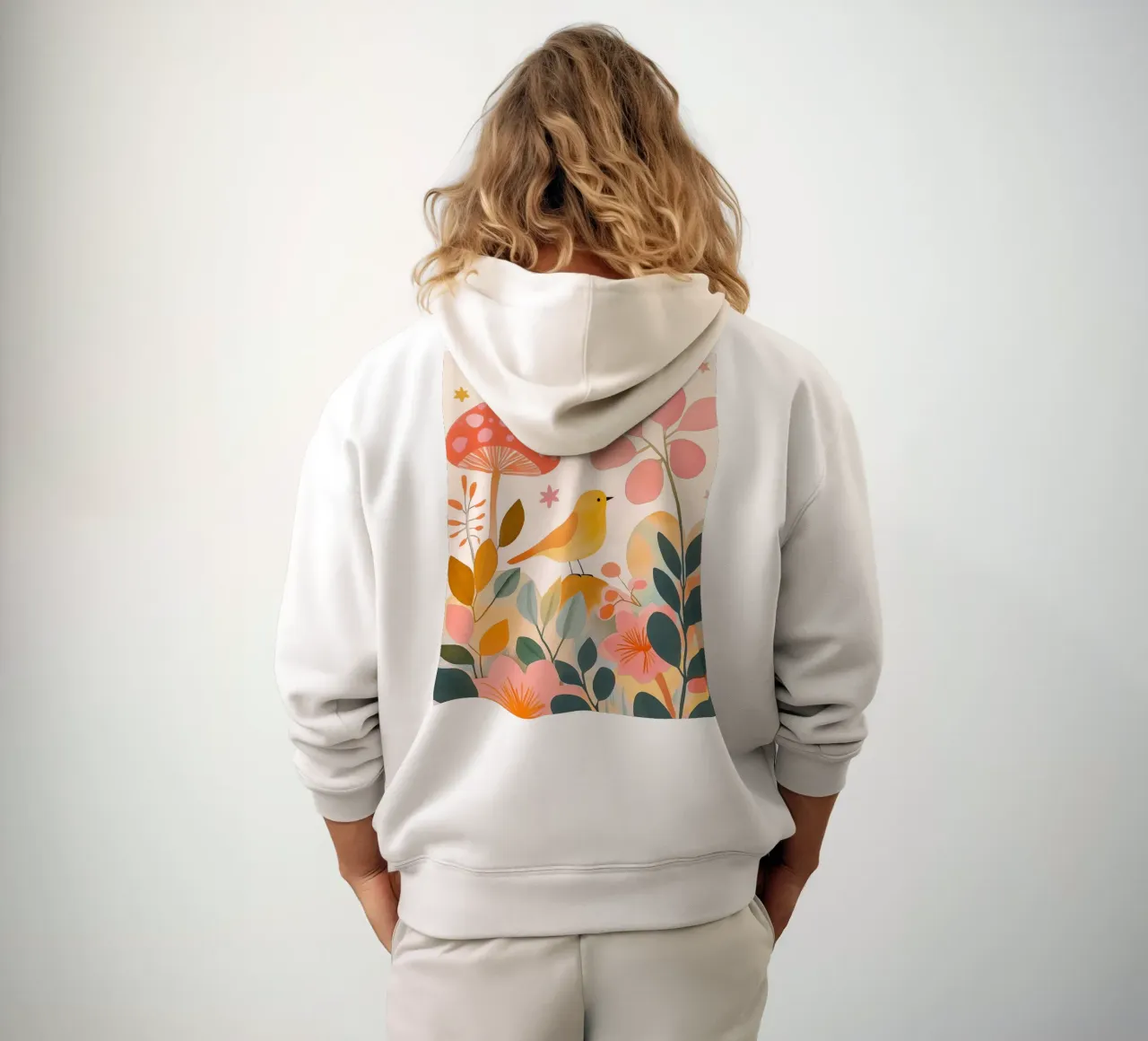 Uccello giallo carino nel giardino dei funghi Autunno botanico boho felpa con cappuccio da Gentle Echoes Art
