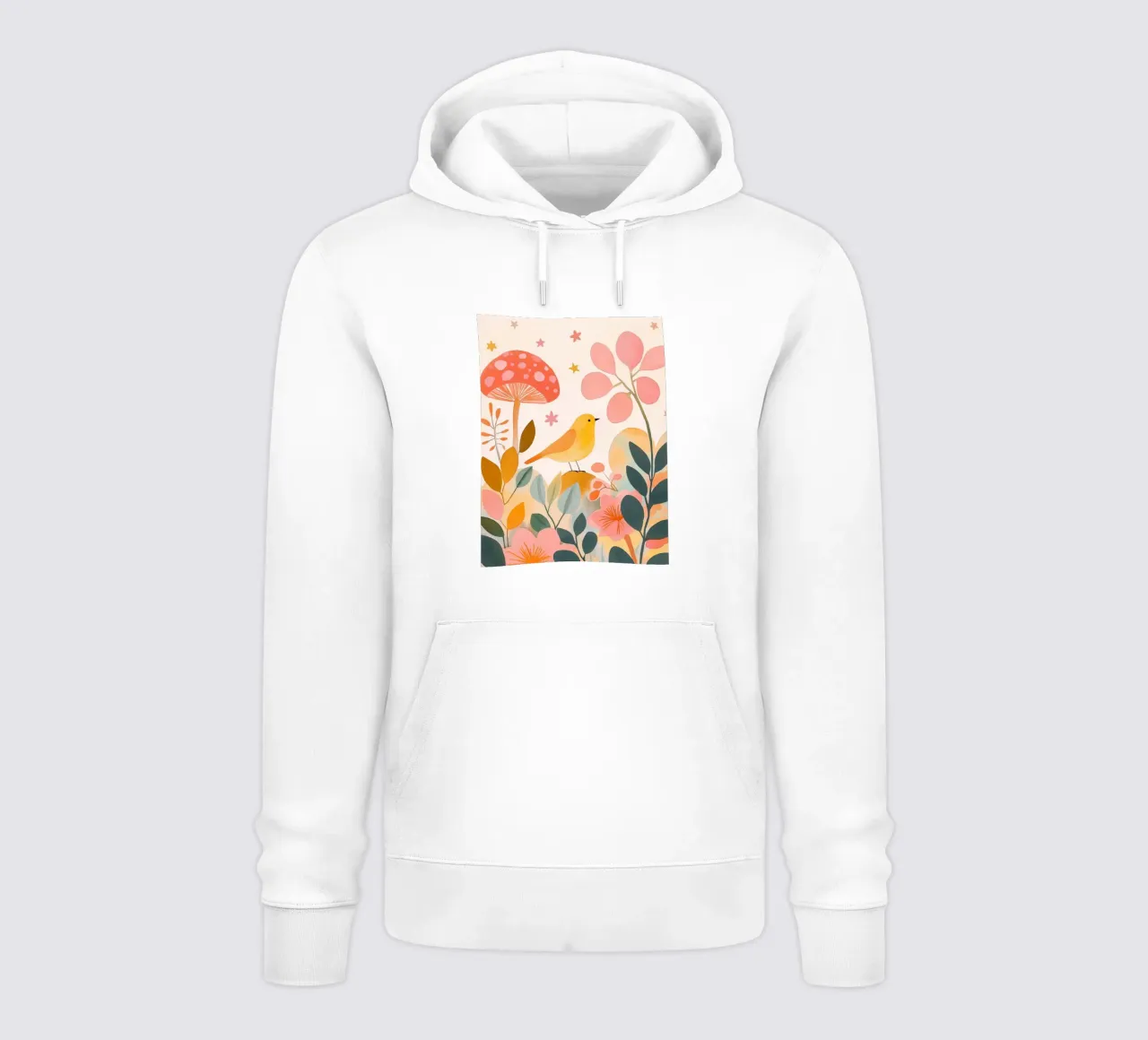 Uccello giallo carino nel giardino dei funghi Autunno botanico boho felpa con cappuccio da Gentle Echoes Art
