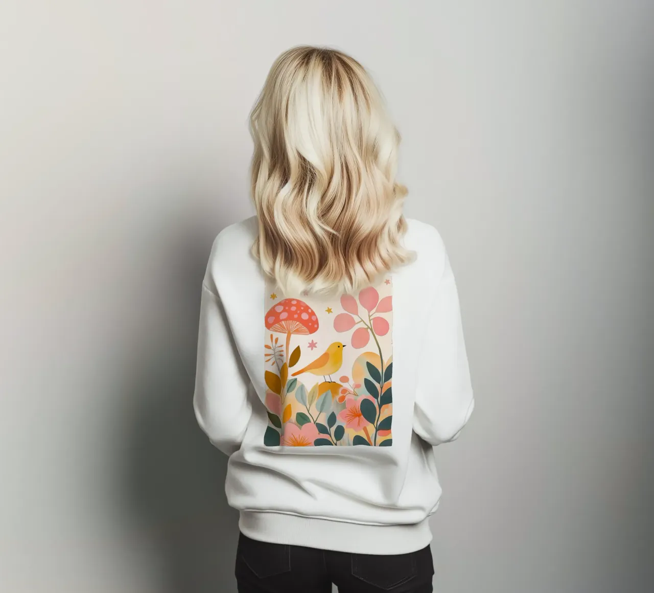 Mignon oiseau jaune dans un jardin de champignons Boho Botanique Automne sweat de Gentle Echoes Art