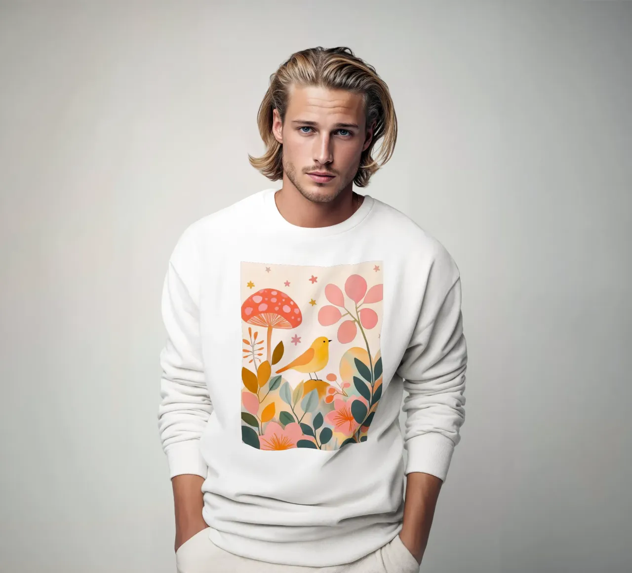Mignon oiseau jaune dans un jardin de champignons Boho Botanique Automne sweat de Gentle Echoes Art
