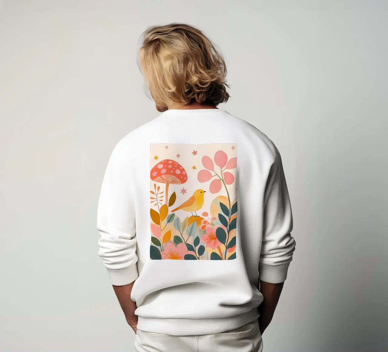 Mignon oiseau jaune dans un jardin de champignons Boho Botanique Automne sweat de Gentle Echoes Art