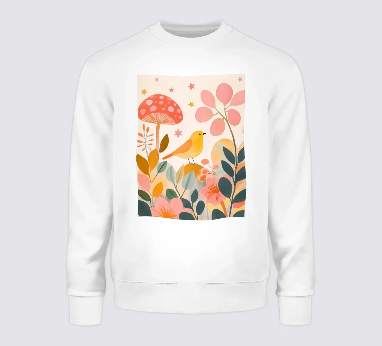 Mignon oiseau jaune dans un jardin de champignons Boho Botanique Automne sweat de Gentle Echoes Art