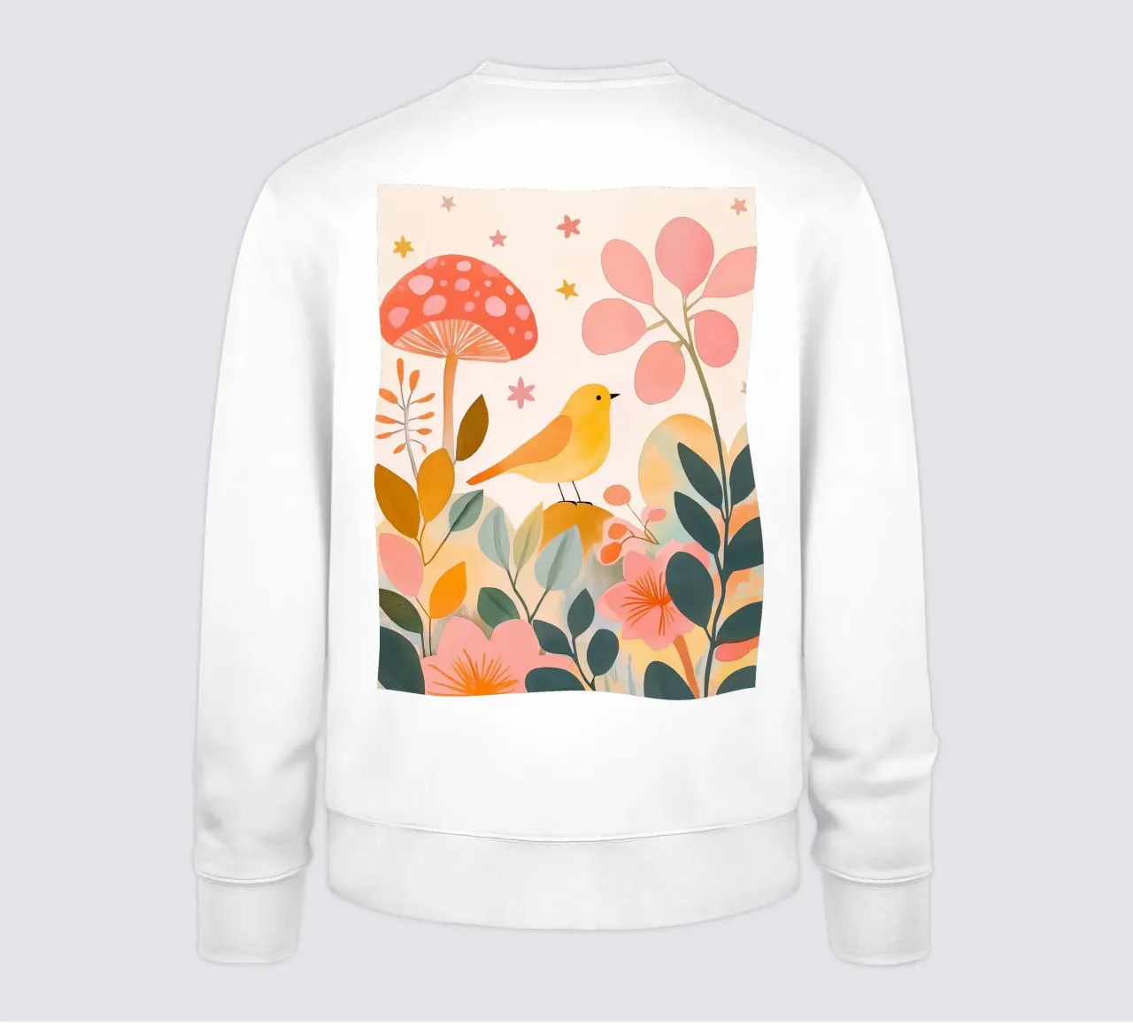 Mignon oiseau jaune dans un jardin de champignons Boho Botanique Automne sweat de Gentle Echoes Art