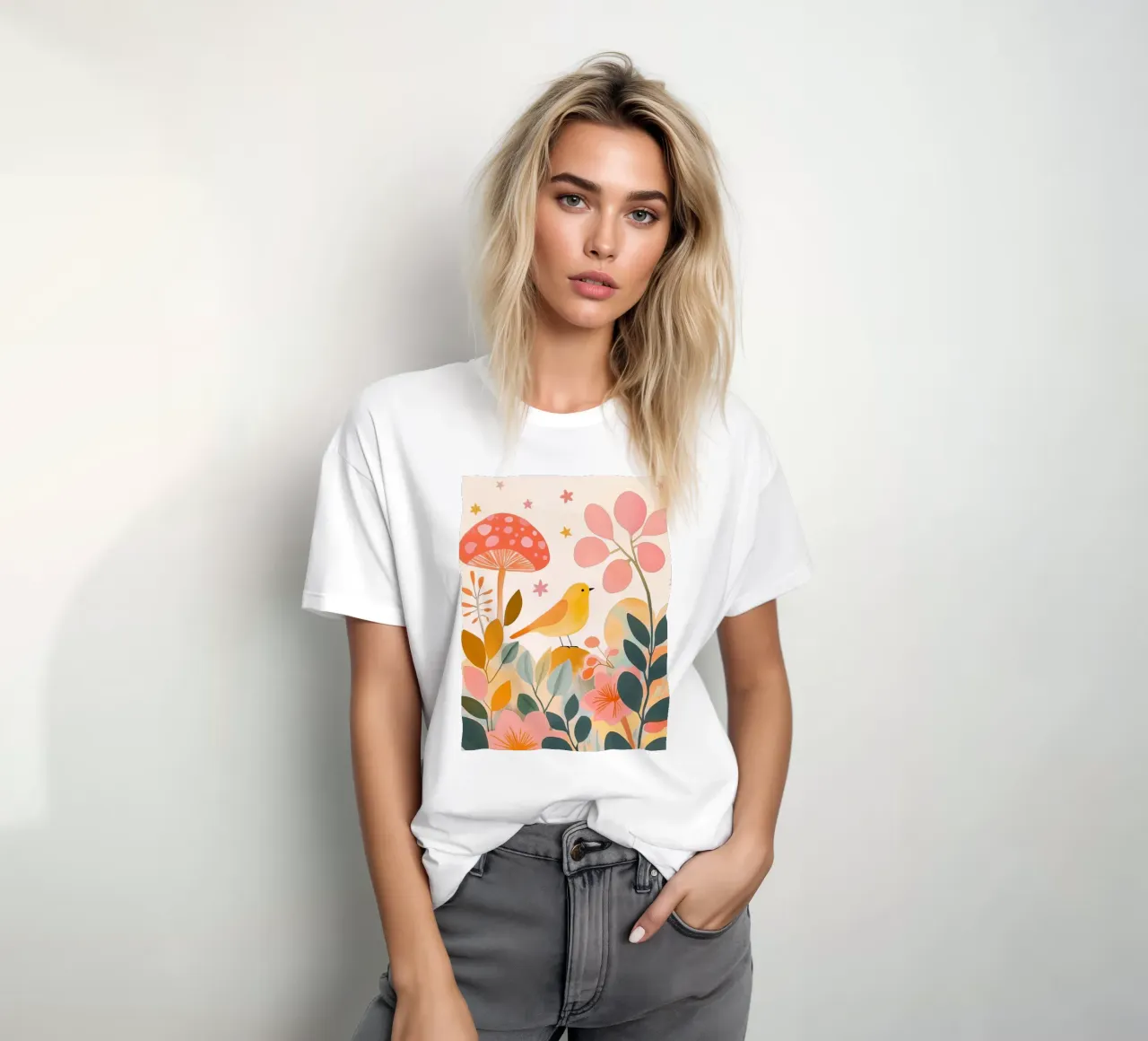 Mignon oiseau jaune dans un jardin de champignons Boho Botanique Automne t-shirt de Gentle Echoes Art