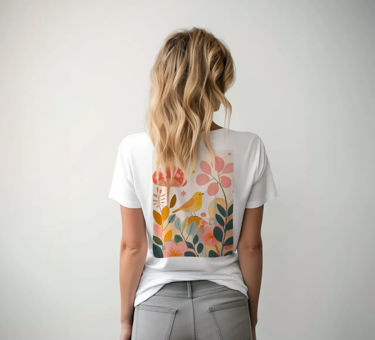 Mignon oiseau jaune dans un jardin de champignons Boho Botanique Automne t-shirt de Gentle Echoes Art