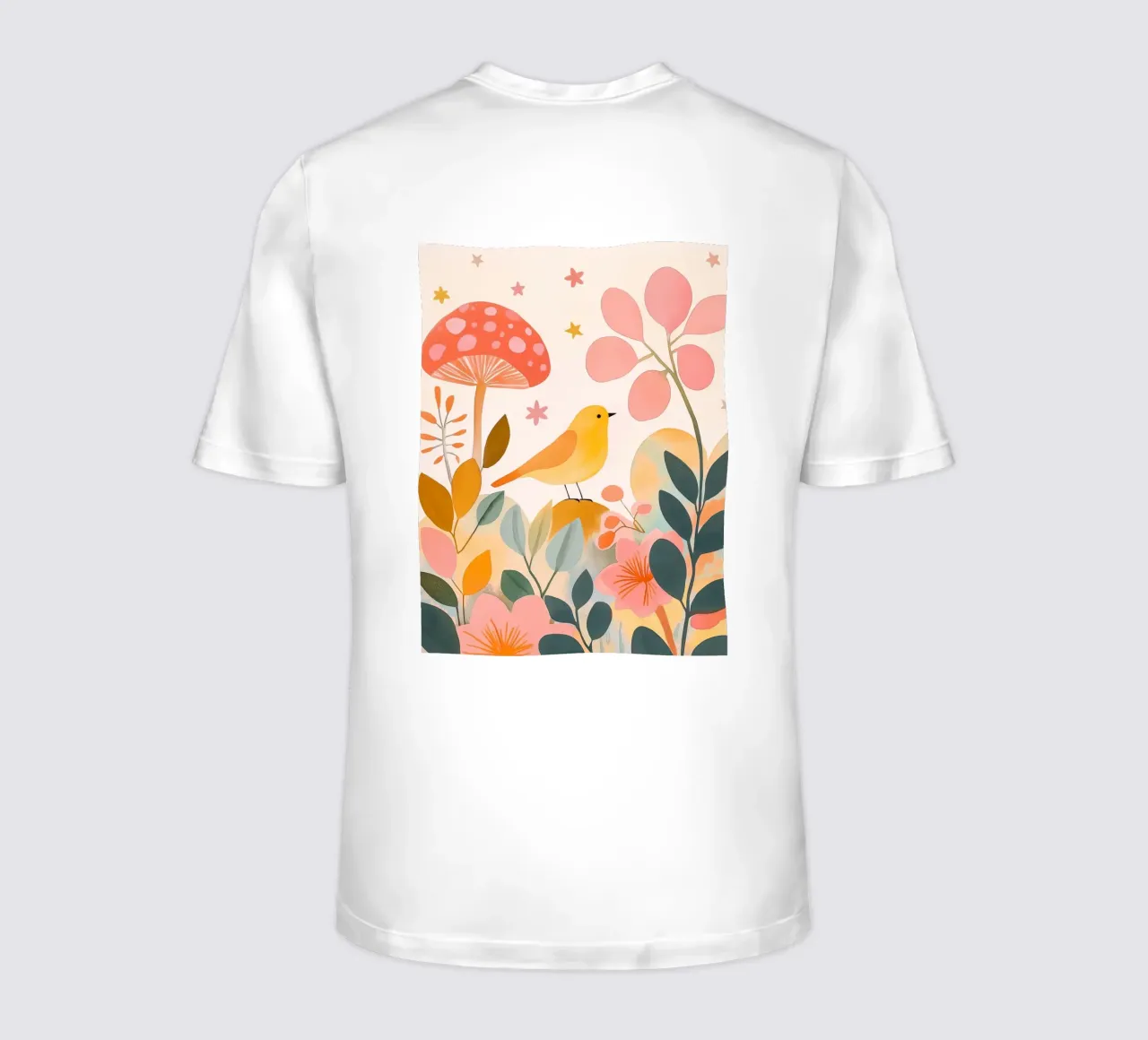 Mignon oiseau jaune dans un jardin de champignons Boho Botanique Automne t-shirt de Gentle Echoes Art