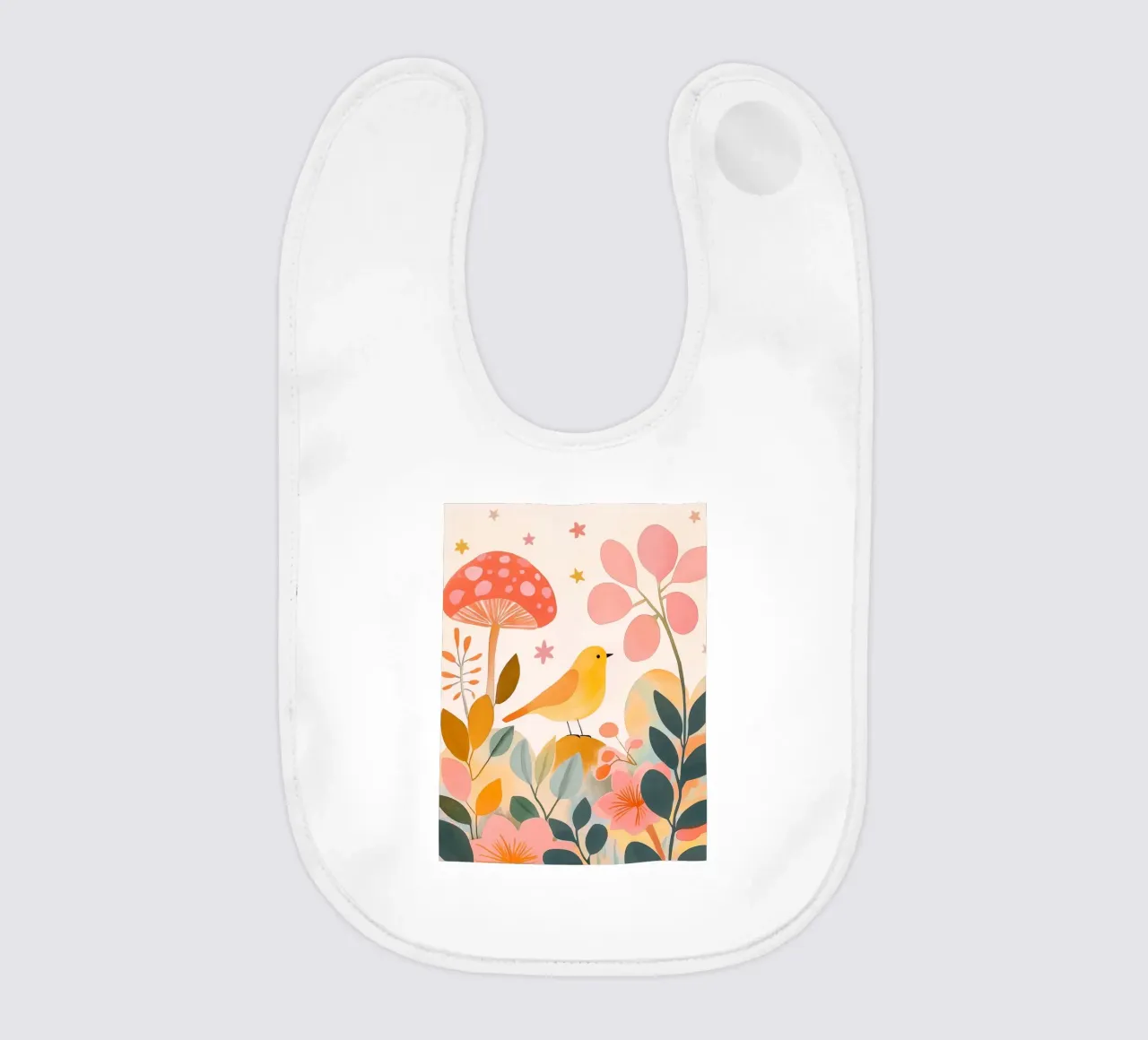 Uccello giallo carino nel giardino dei funghi Autunno botanico boho bavaglino da Gentle Echoes Art
