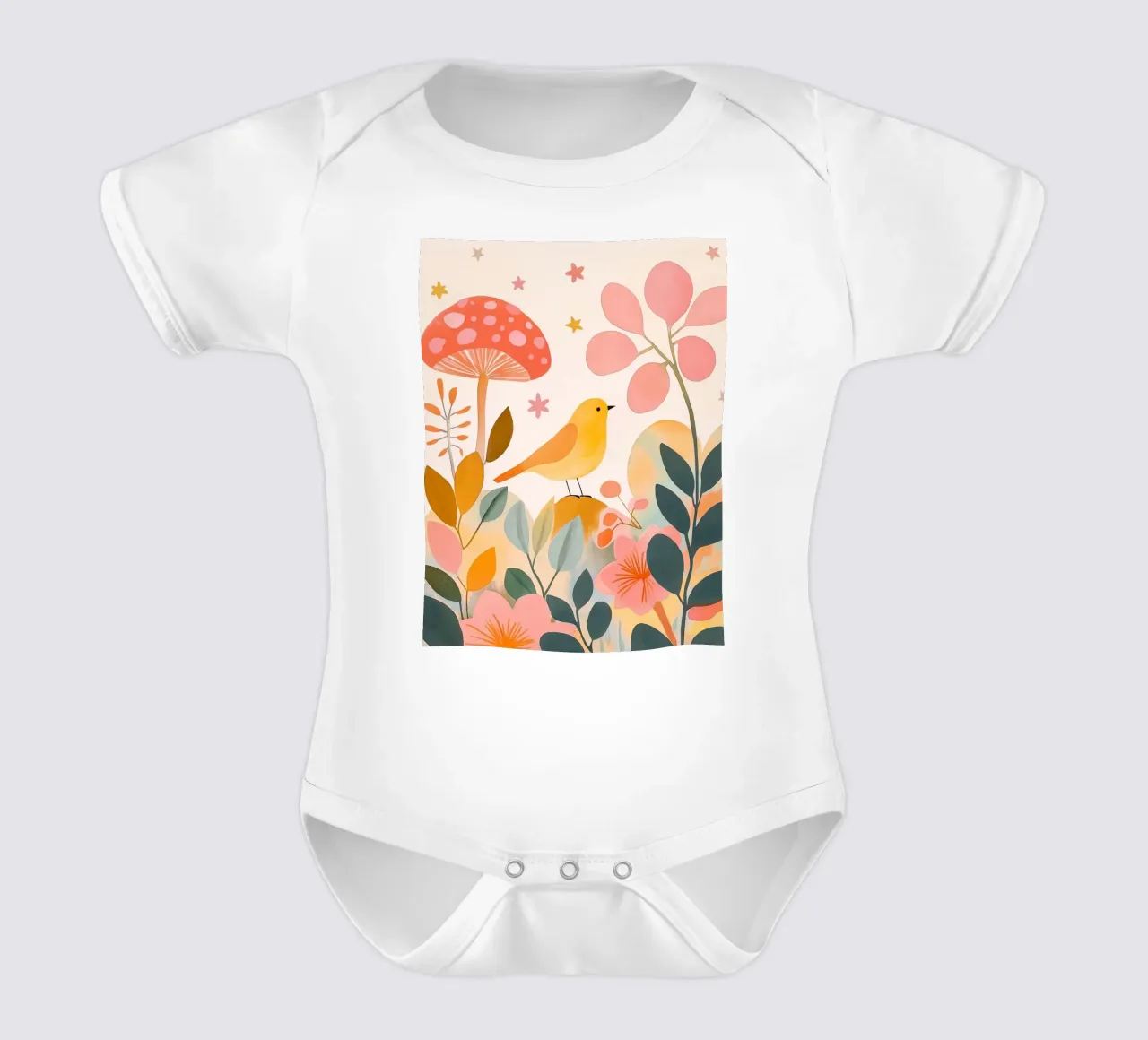 Mignon oiseau jaune dans un jardin de champignons Boho Botanique Automne body bébé de Gentle Echoes Art