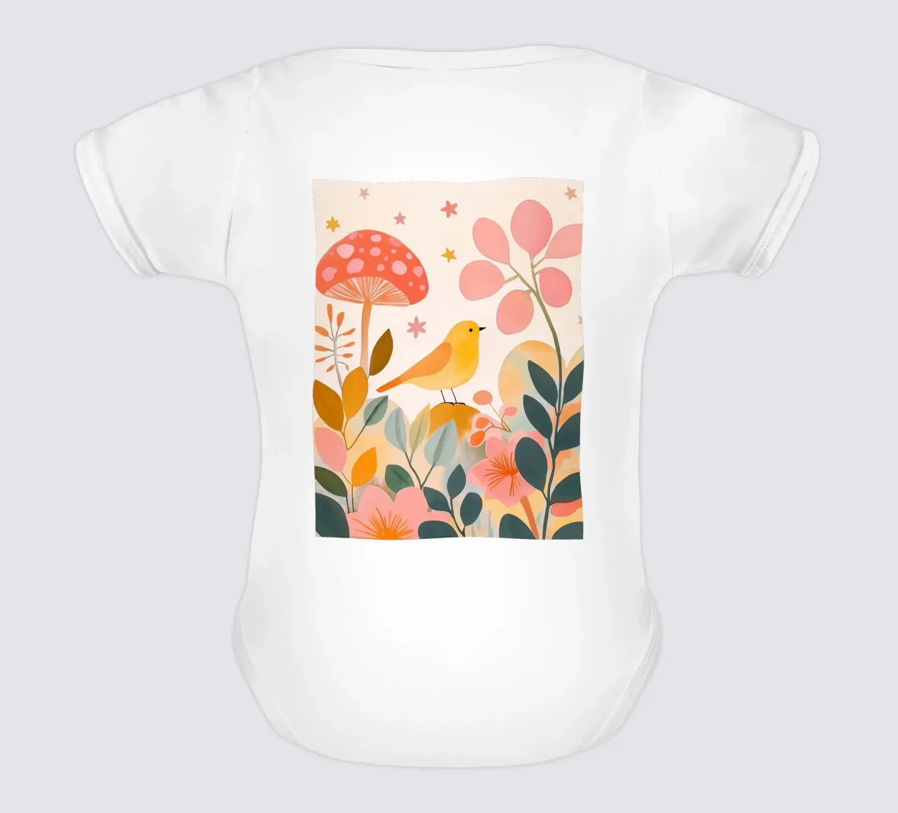 Mignon oiseau jaune dans un jardin de champignons Boho Botanique Automne body bébé de Gentle Echoes Art