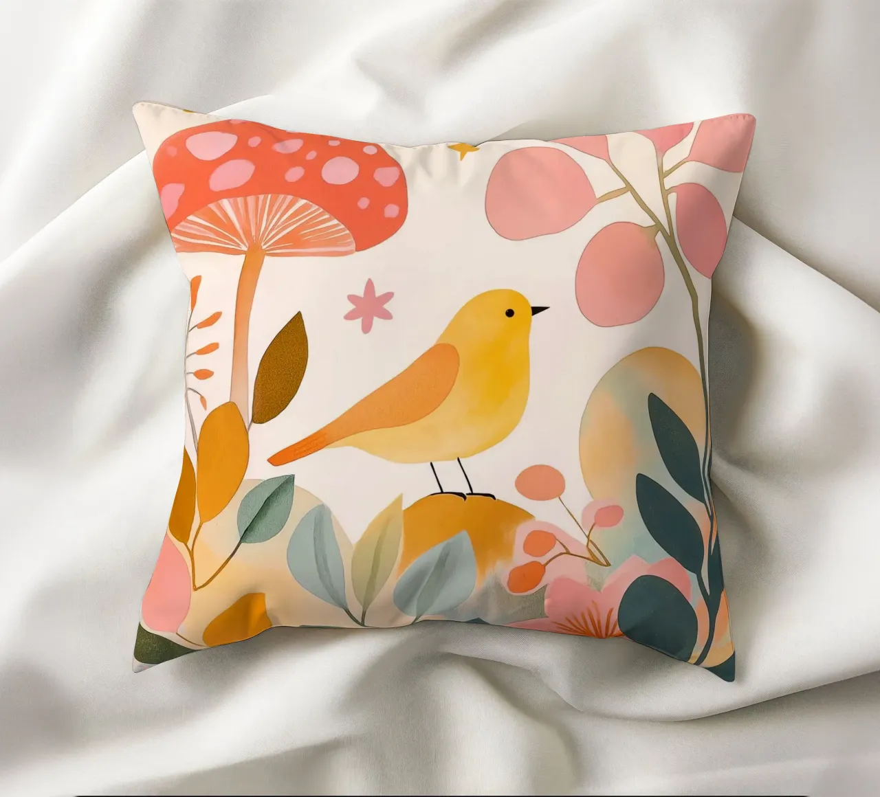 Mignon oiseau jaune dans un jardin de champignons Boho Botanique Automne coussin de Gentle Echoes Art