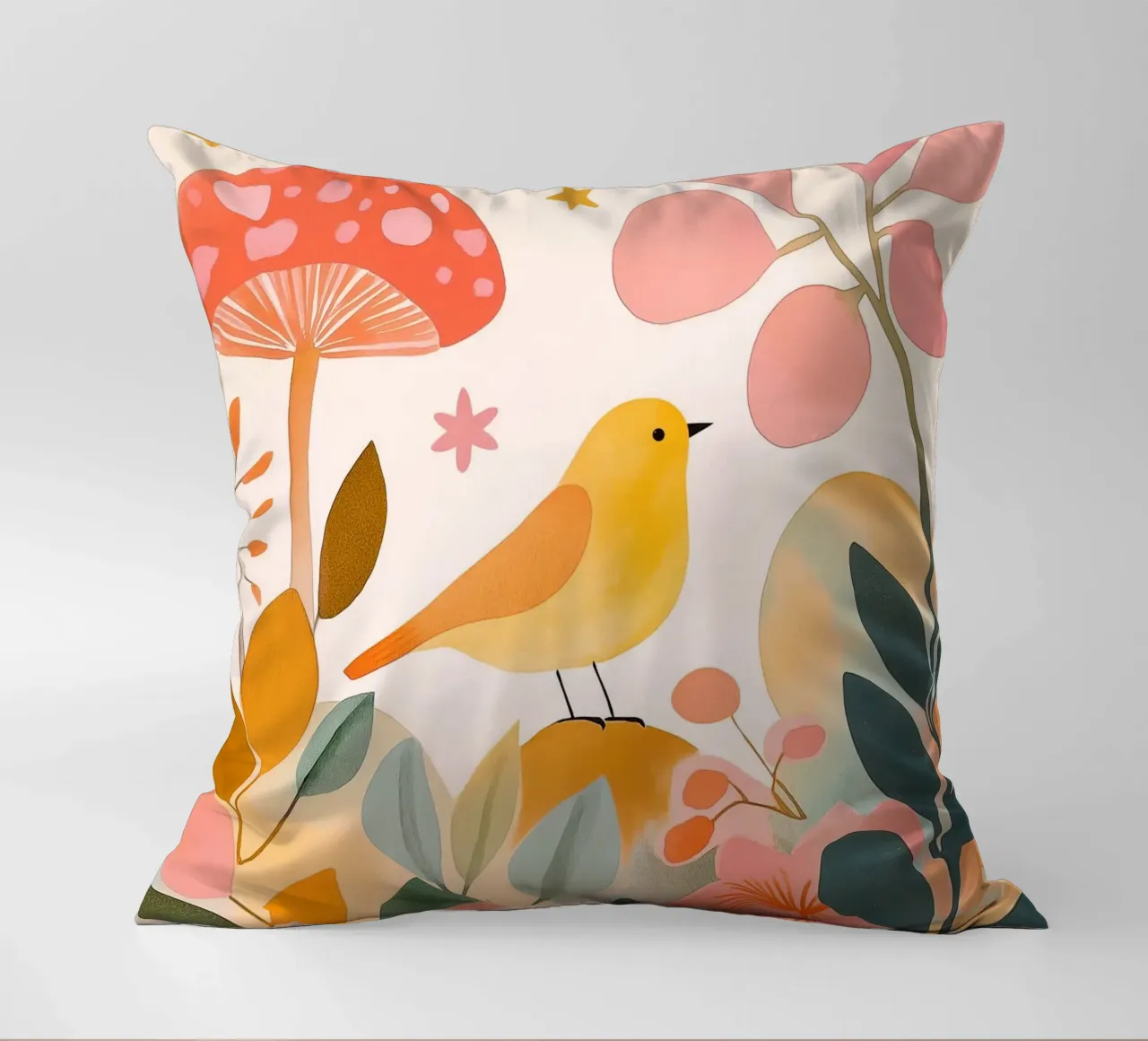 Mignon oiseau jaune dans un jardin de champignons Boho Botanique Automne coussin de Gentle Echoes Art