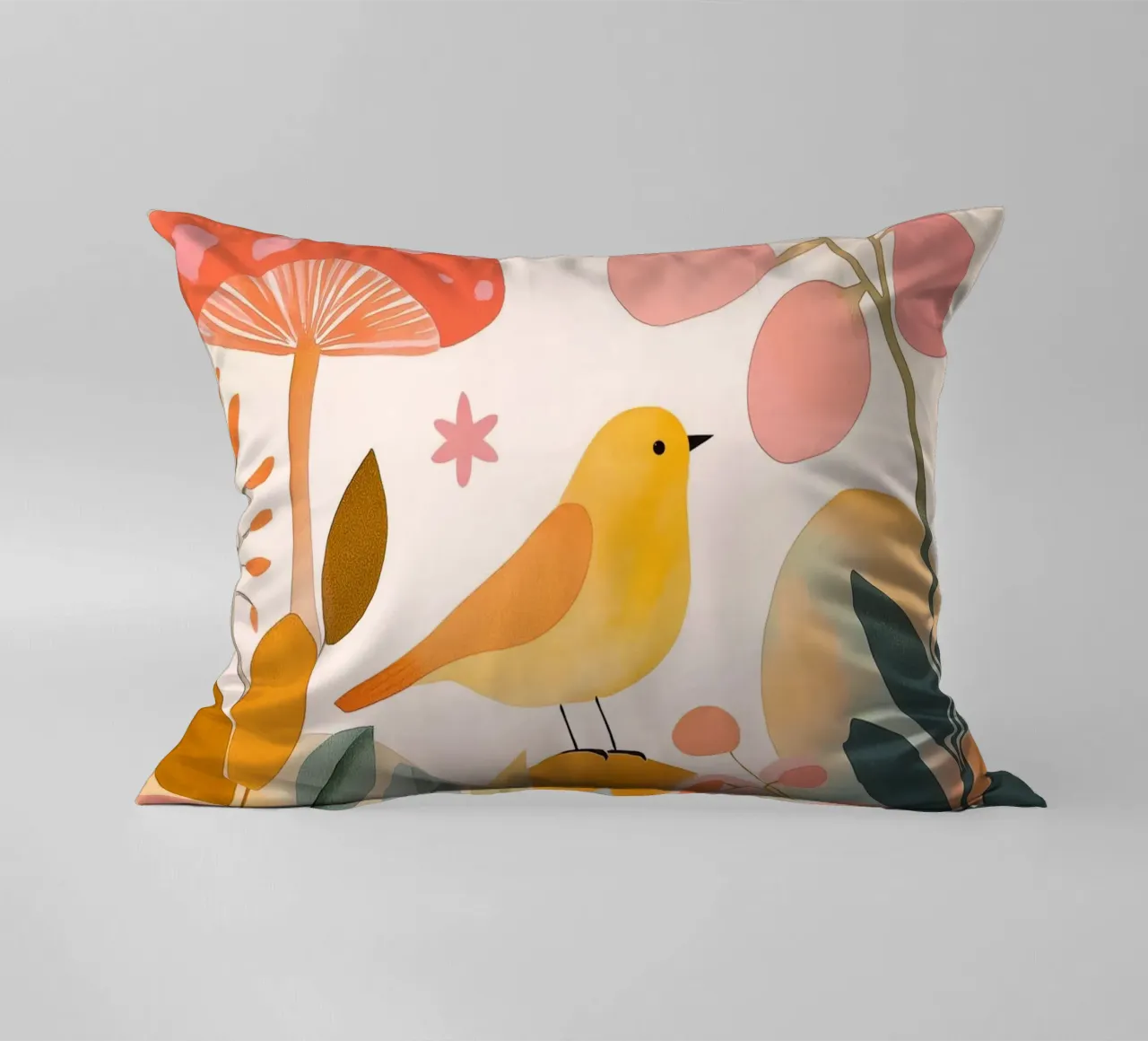 Mignon oiseau jaune dans un jardin de champignons Boho Botanique Automne coussin de Gentle Echoes Art