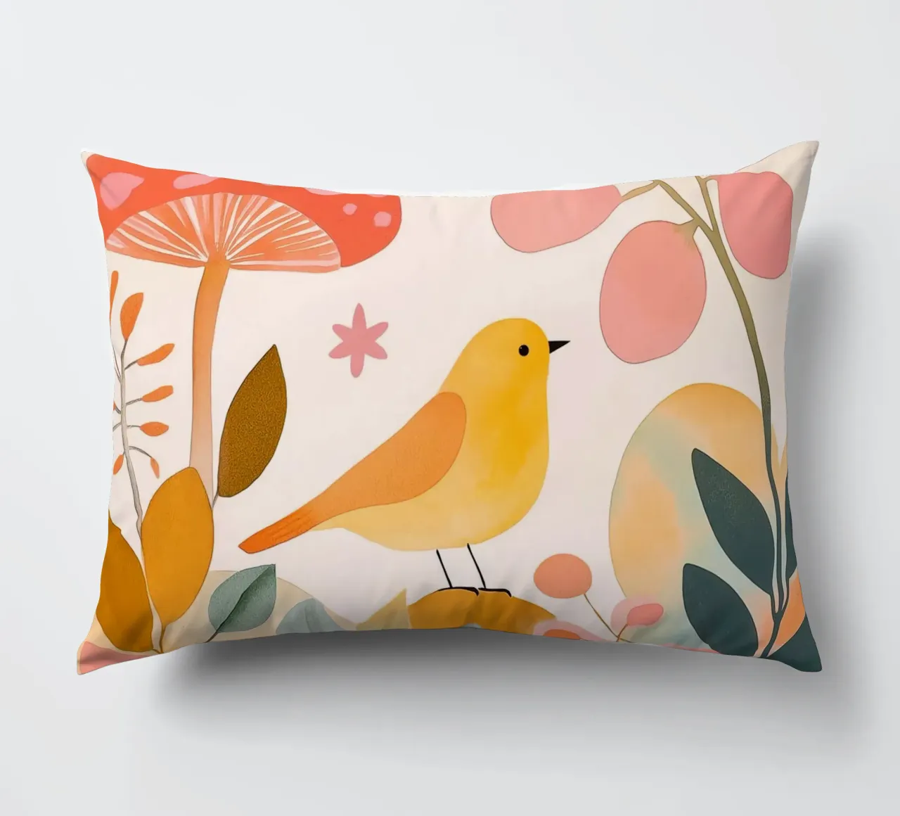 Mignon oiseau jaune dans un jardin de champignons Boho Botanique Automne coussin de Gentle Echoes Art