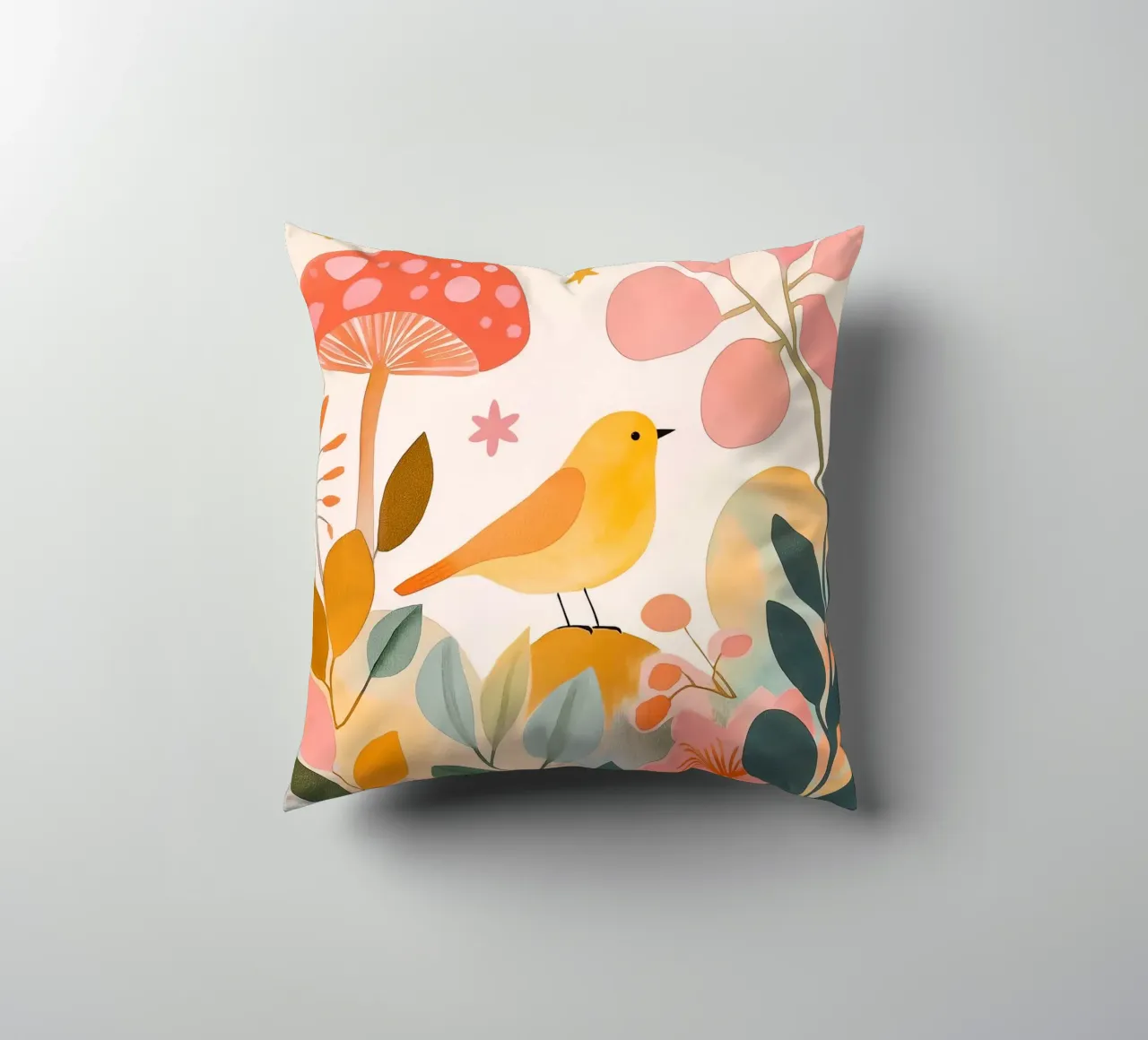 Mignon oiseau jaune dans un jardin de champignons Boho Botanique Automne coussin de Gentle Echoes Art