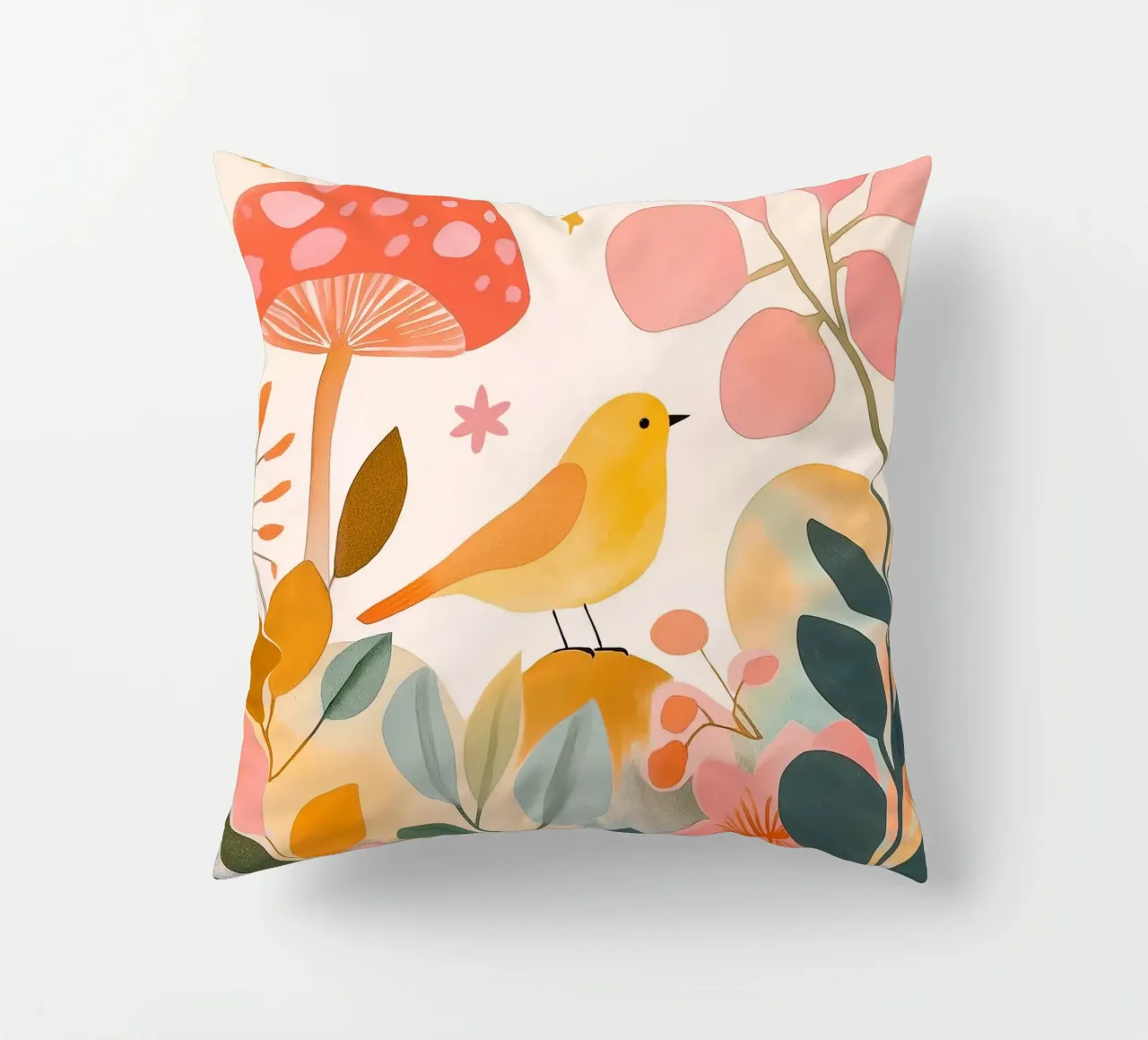 Mignon oiseau jaune dans un jardin de champignons Boho Botanique Automne coussin de Gentle Echoes Art