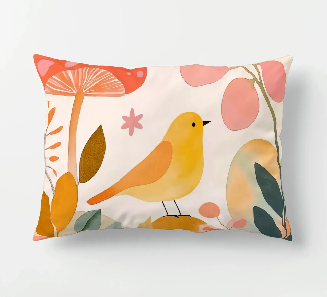 Mignon oiseau jaune dans un jardin de champignons Boho Botanique Automne coussin de Gentle Echoes Art