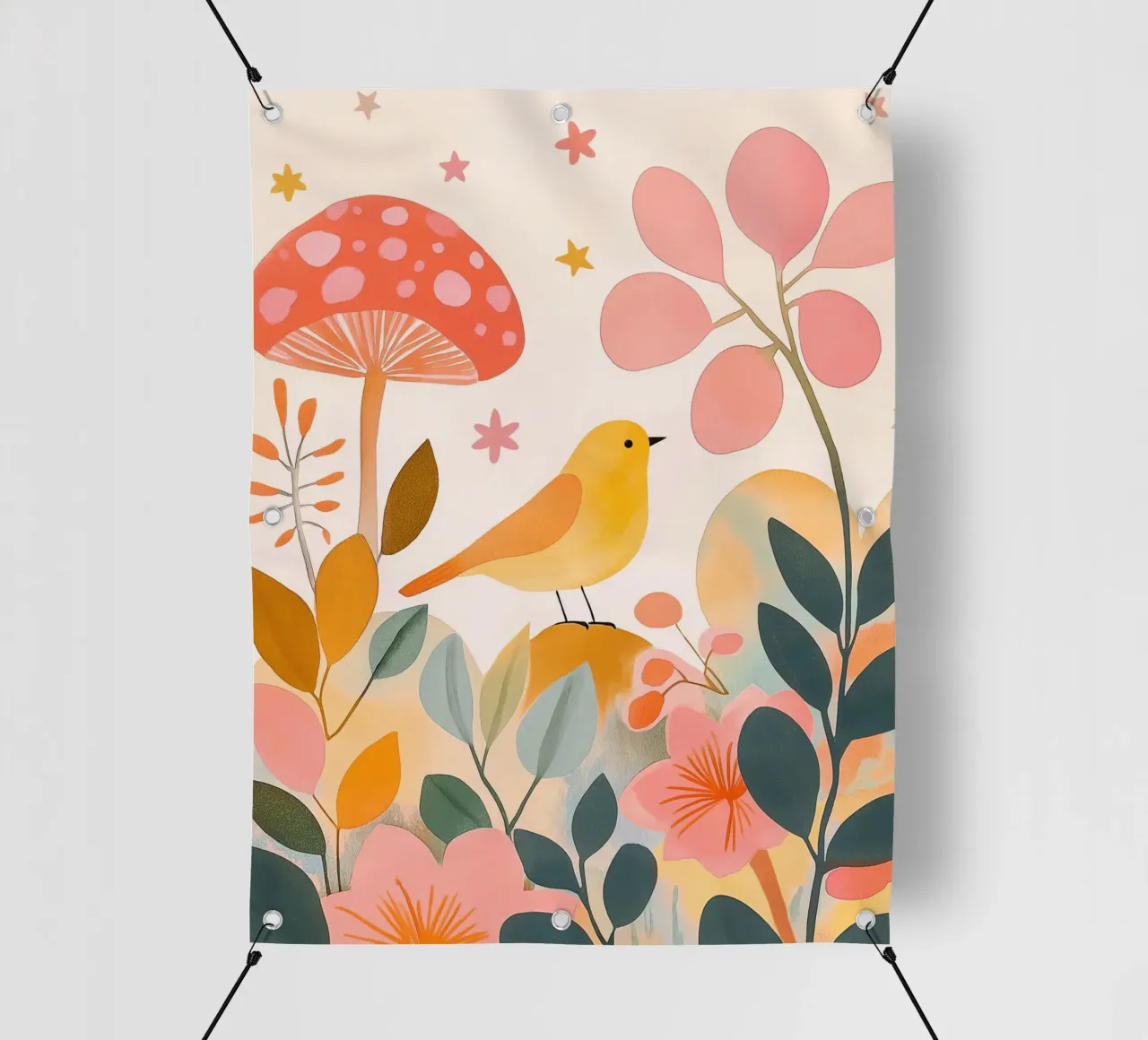 Mignon oiseau jaune dans un jardin de champignons Boho Botanique Automne bâche pvc de Gentle Echoes Art