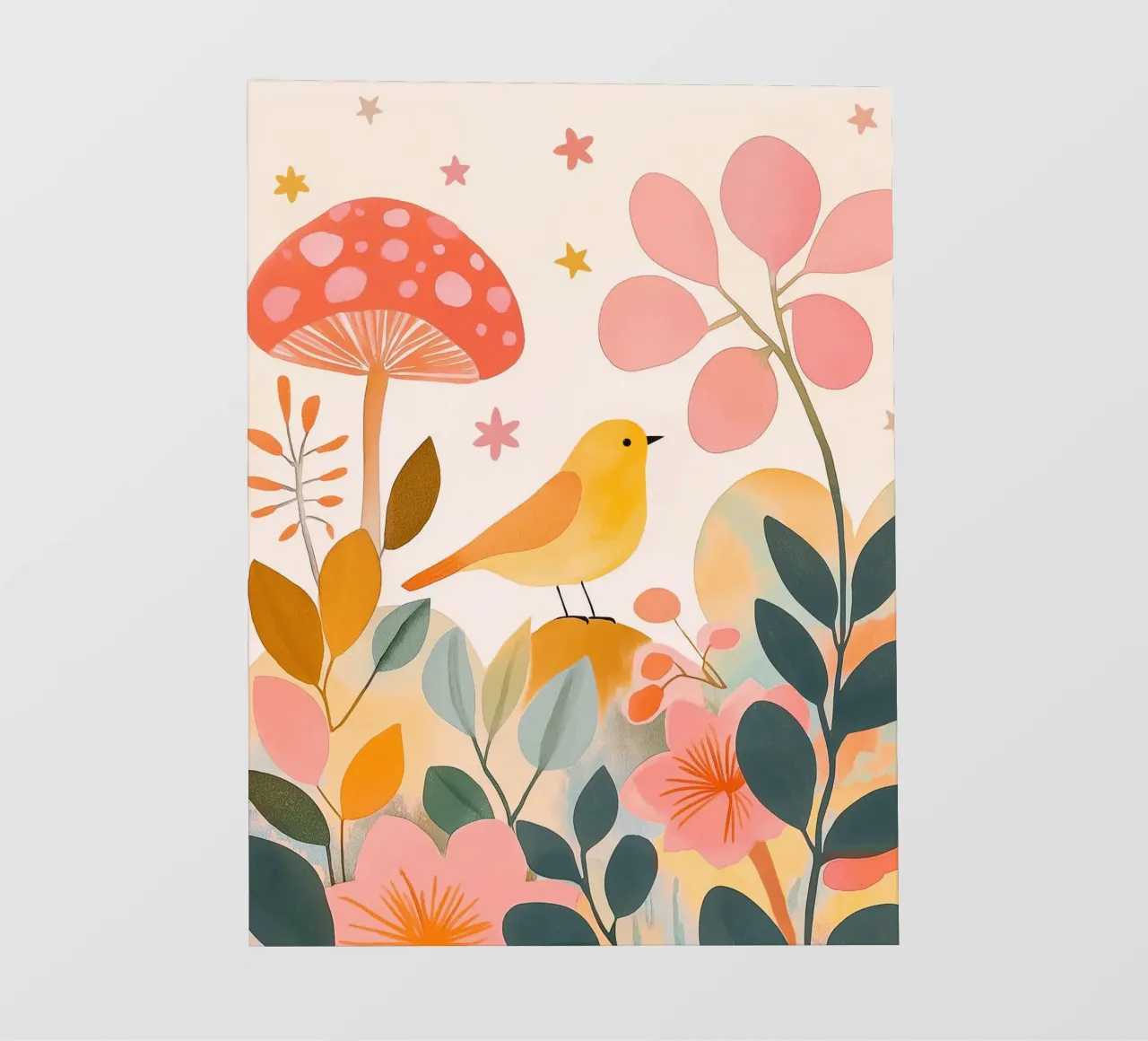 Mignon oiseau jaune dans un jardin de champignons Boho Botanique Automne bâche pvc de Gentle Echoes Art