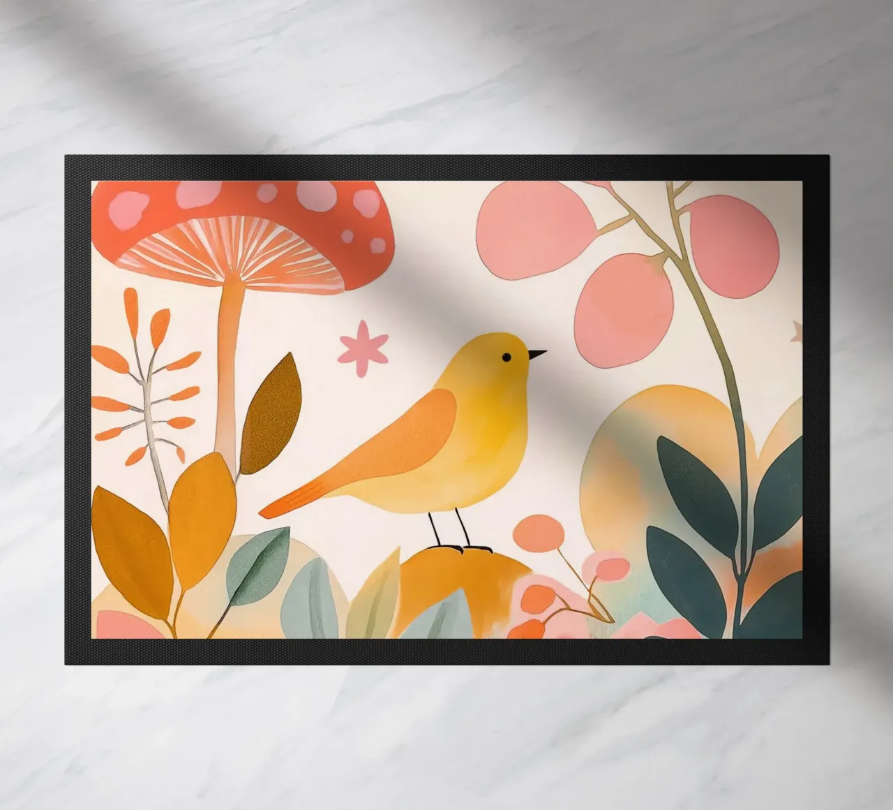 Mignon oiseau jaune dans un jardin de champignons Boho Botanique Automne paillasson de Gentle Echoes Art