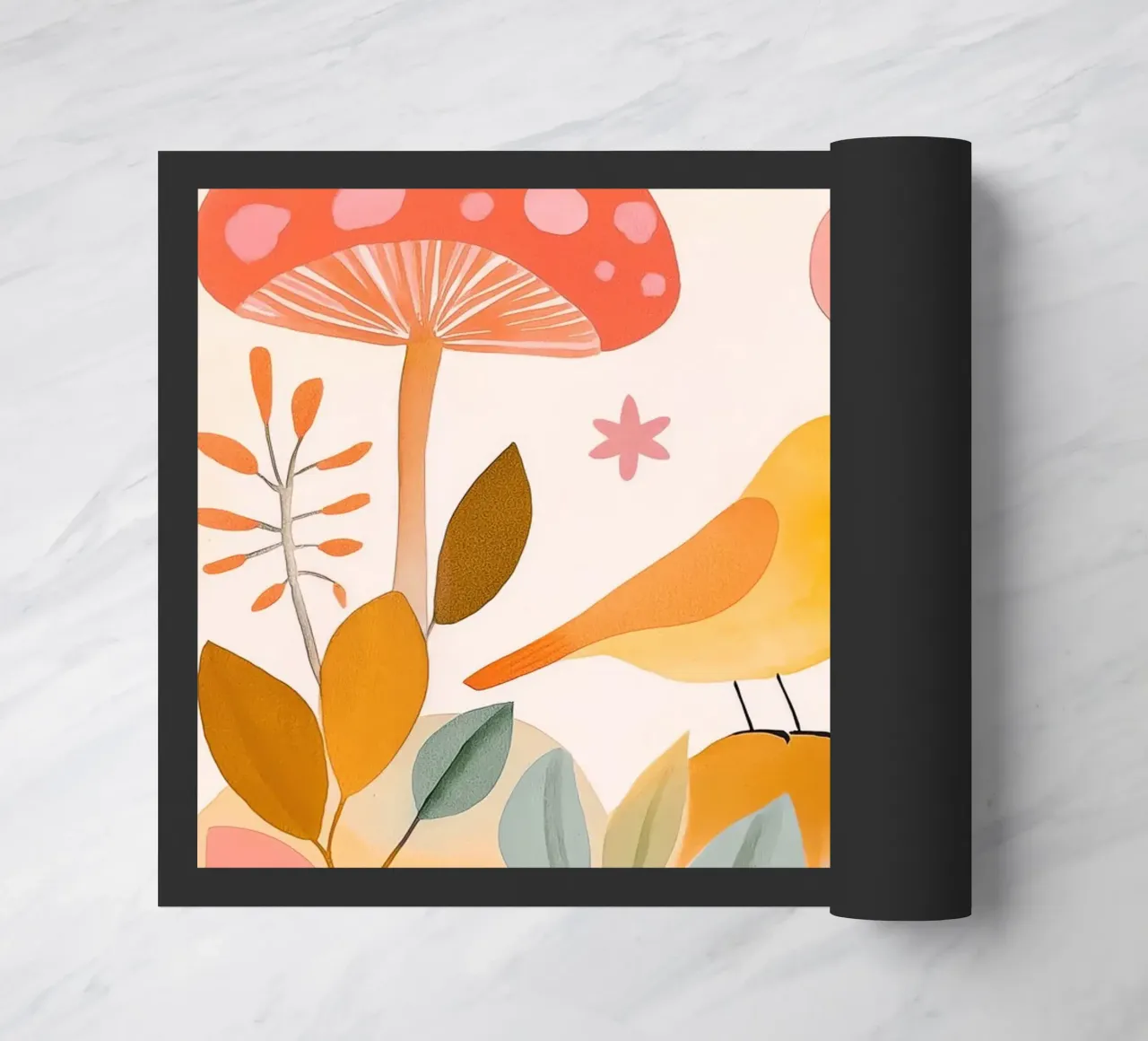Mignon oiseau jaune dans un jardin de champignons Boho Botanique Automne paillasson de Gentle Echoes Art