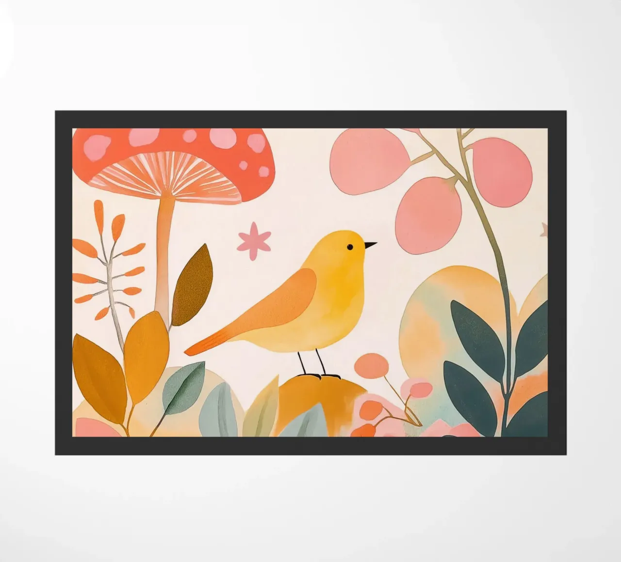 Mignon oiseau jaune dans un jardin de champignons Boho Botanique Automne paillasson de Gentle Echoes Art