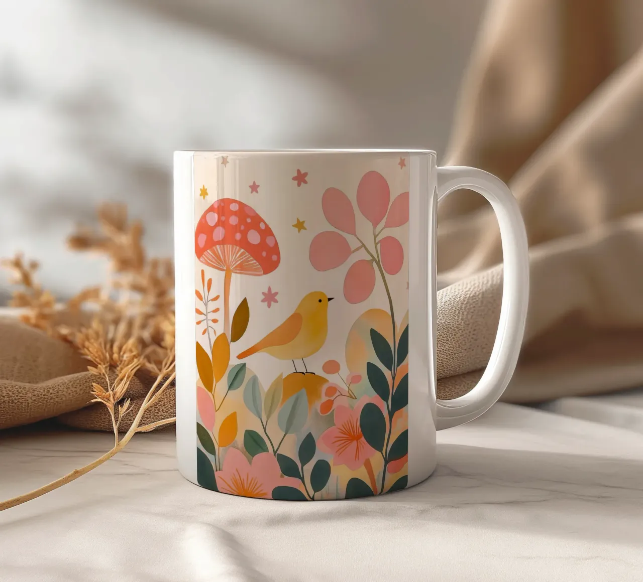 Mignon oiseau jaune dans un jardin de champignons Boho Botanique Automne mug en céramique de Gentle Echoes Art