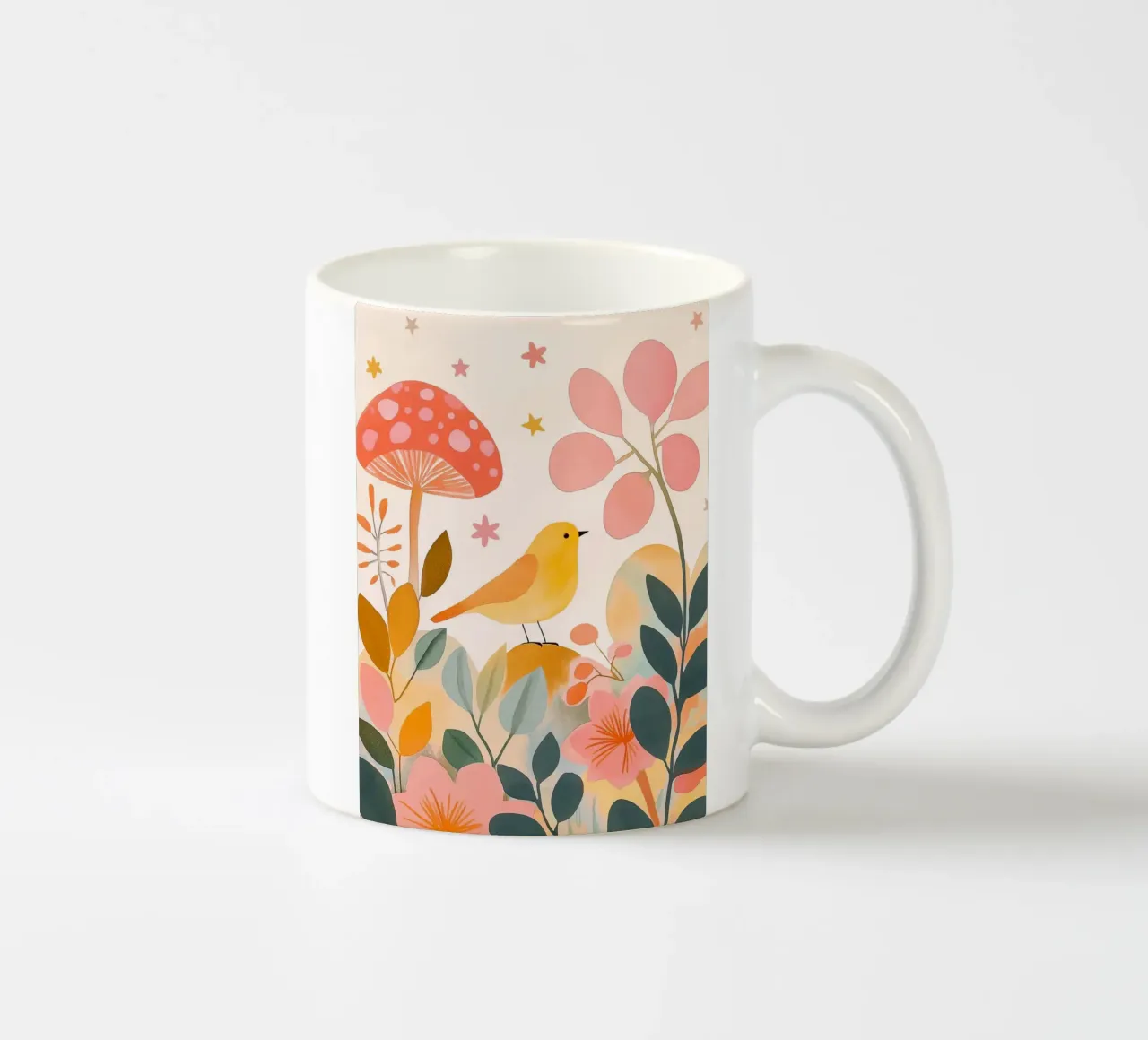 Mignon oiseau jaune dans un jardin de champignons Boho Botanique Automne mug en céramique de Gentle Echoes Art