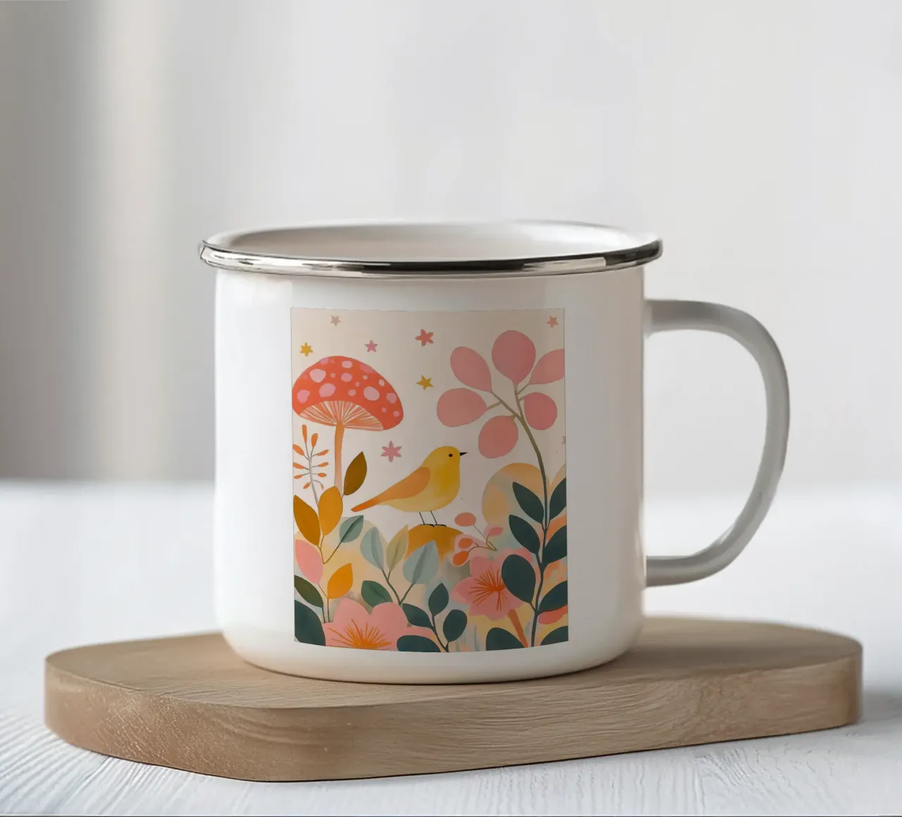 Uccello giallo carino nel giardino dei funghi Autunno botanico boho tazza in smalto da Gentle Echoes Art