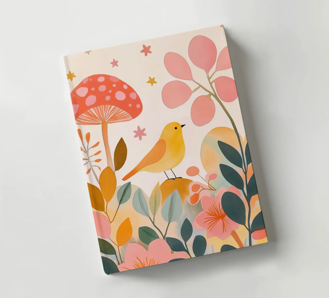Mignon oiseau jaune dans un jardin de champignons Boho Botanique Automne carnet de notes de Gentle Echoes Art
