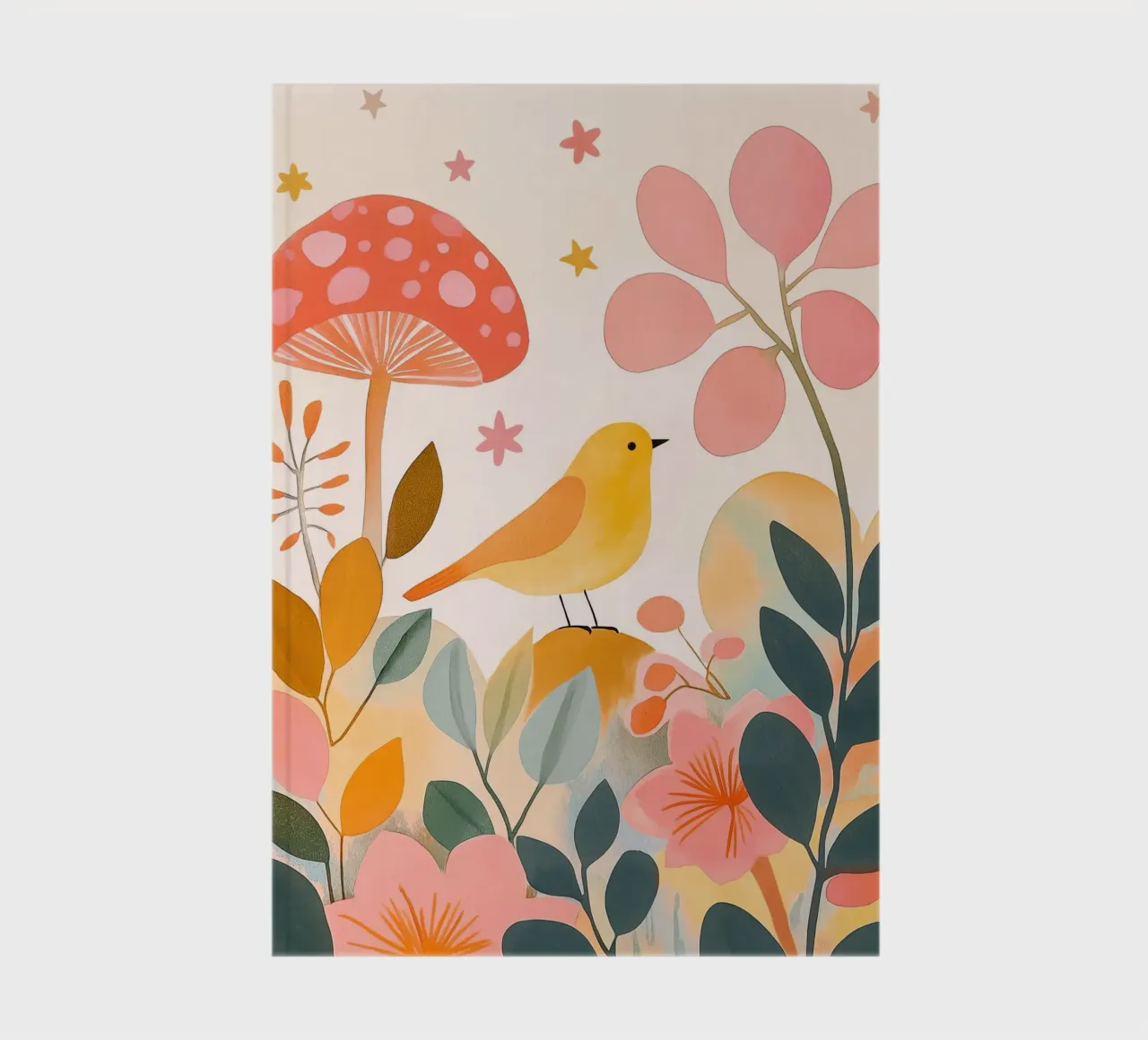Mignon oiseau jaune dans un jardin de champignons Boho Botanique Automne carnet de notes de Gentle Echoes Art