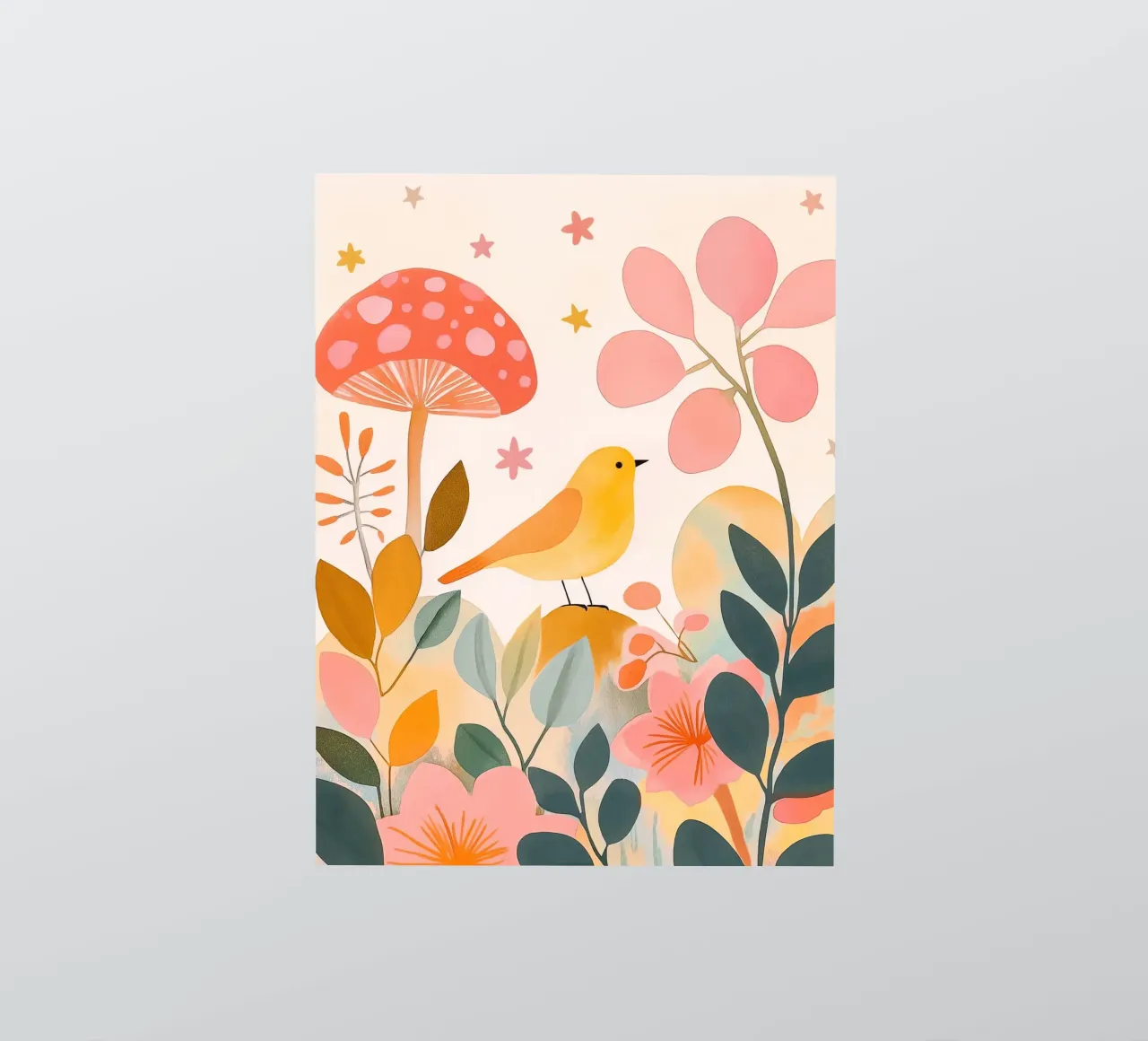 Mignon oiseau jaune dans un jardin de champignons Boho Botanique Automne autocollant de Gentle Echoes Art