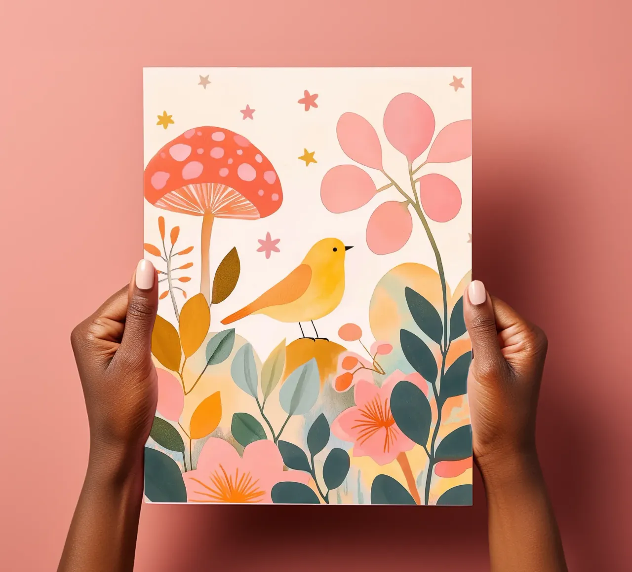Mignon oiseau jaune dans un jardin de champignons Boho Botanique Automne planche autocollant de Gentle Echoes Art