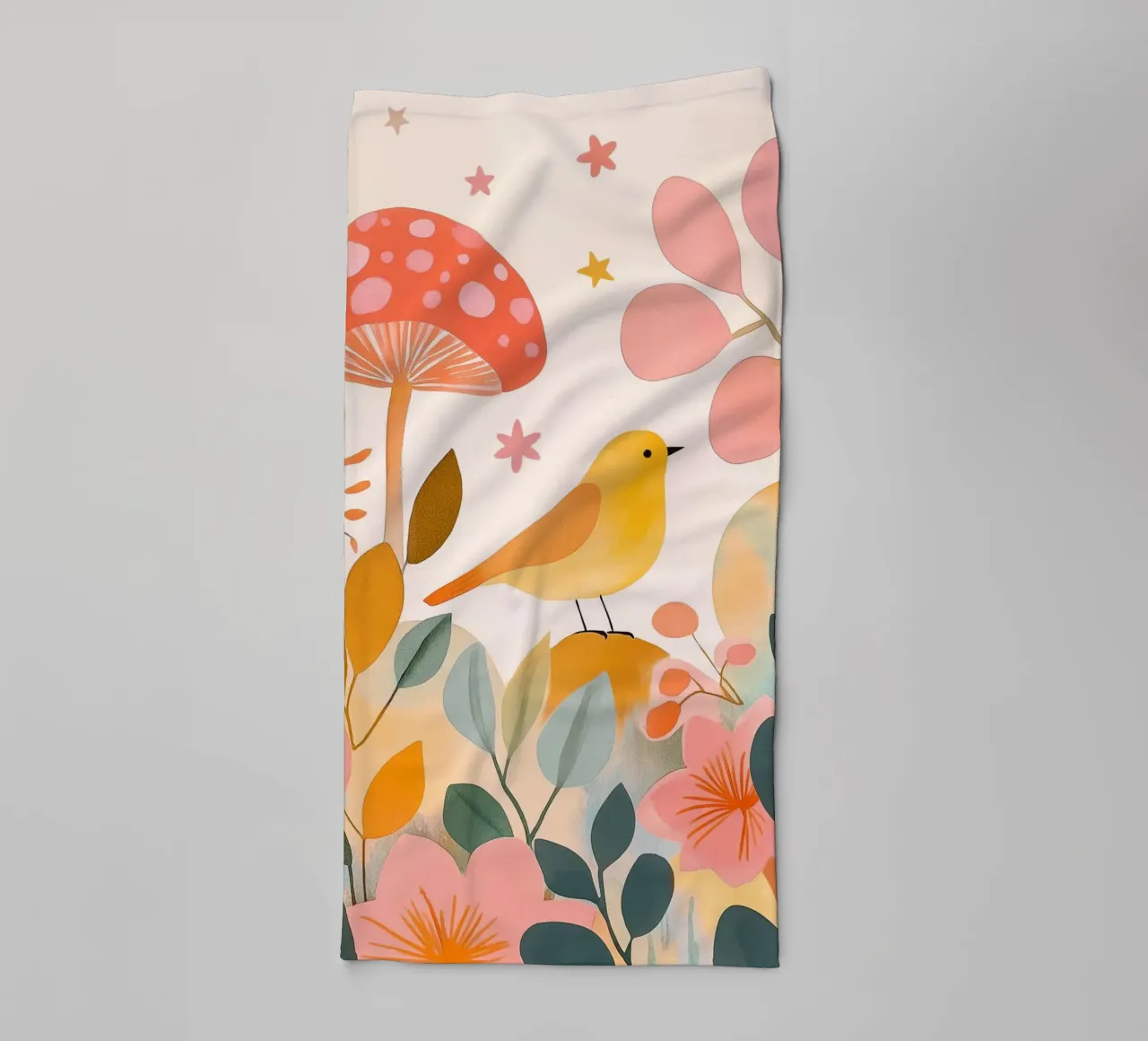 Cute Yellow Bird in Mushroom Garden Boho Botanical Autumn towel by Gentle Echoes Art
