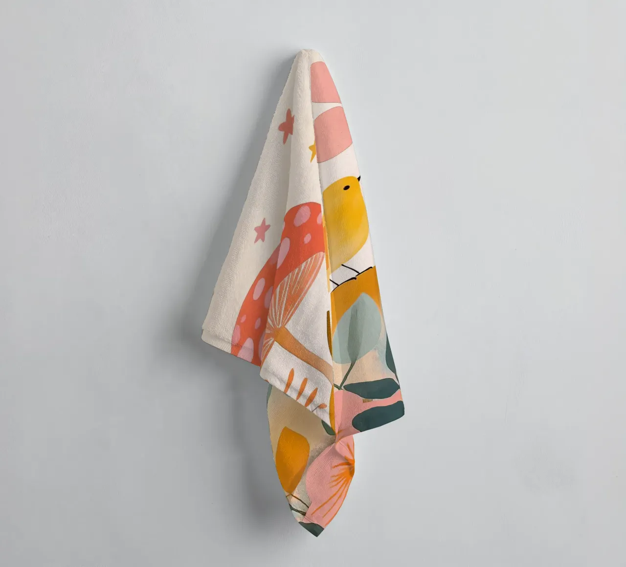 Cute Yellow Bird in Mushroom Garden Boho Botanical Autumn towel by Gentle Echoes Art