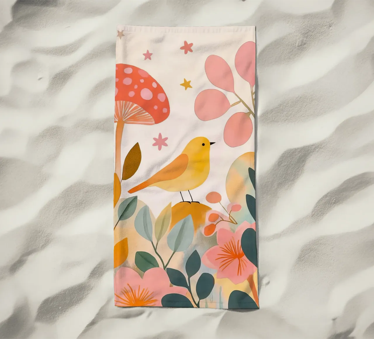 Mignon oiseau jaune dans un jardin de champignons Boho Botanique Automne serviette de plage de Gentle Echoes Art