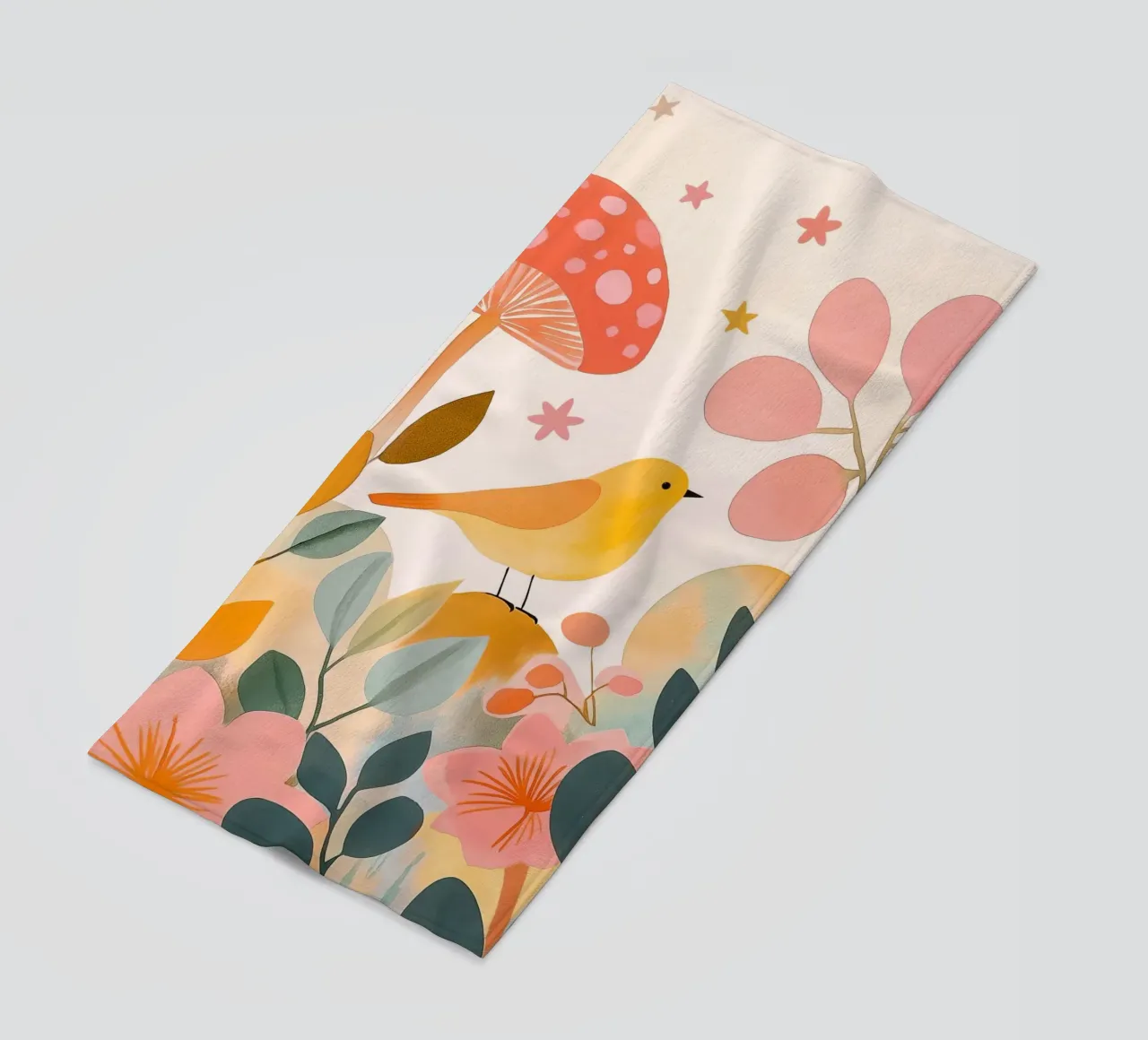 Mignon oiseau jaune dans un jardin de champignons Boho Botanique Automne serviette de plage de Gentle Echoes Art