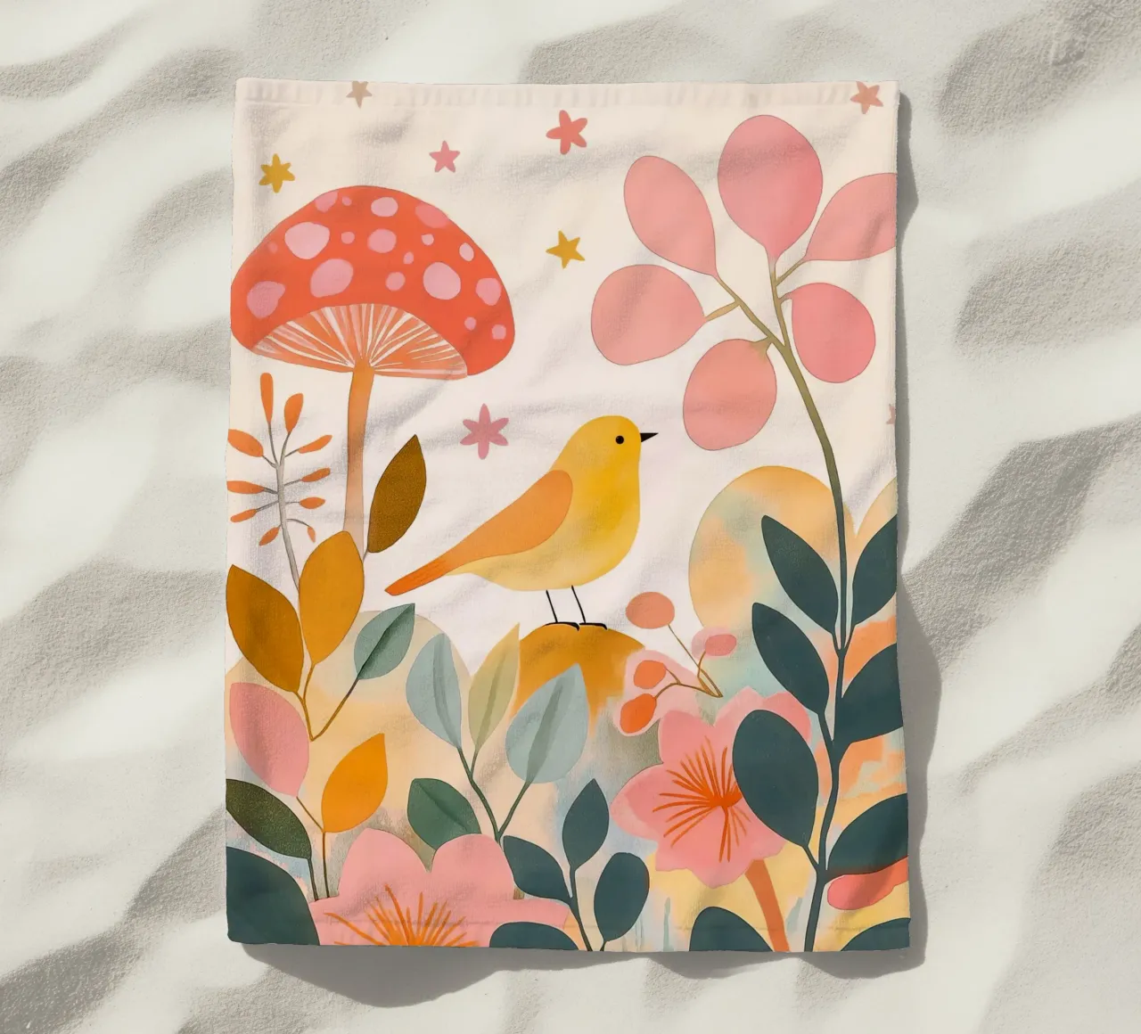Mignon oiseau jaune dans un jardin de champignons Boho Botanique Automne serviette de plage de Gentle Echoes Art