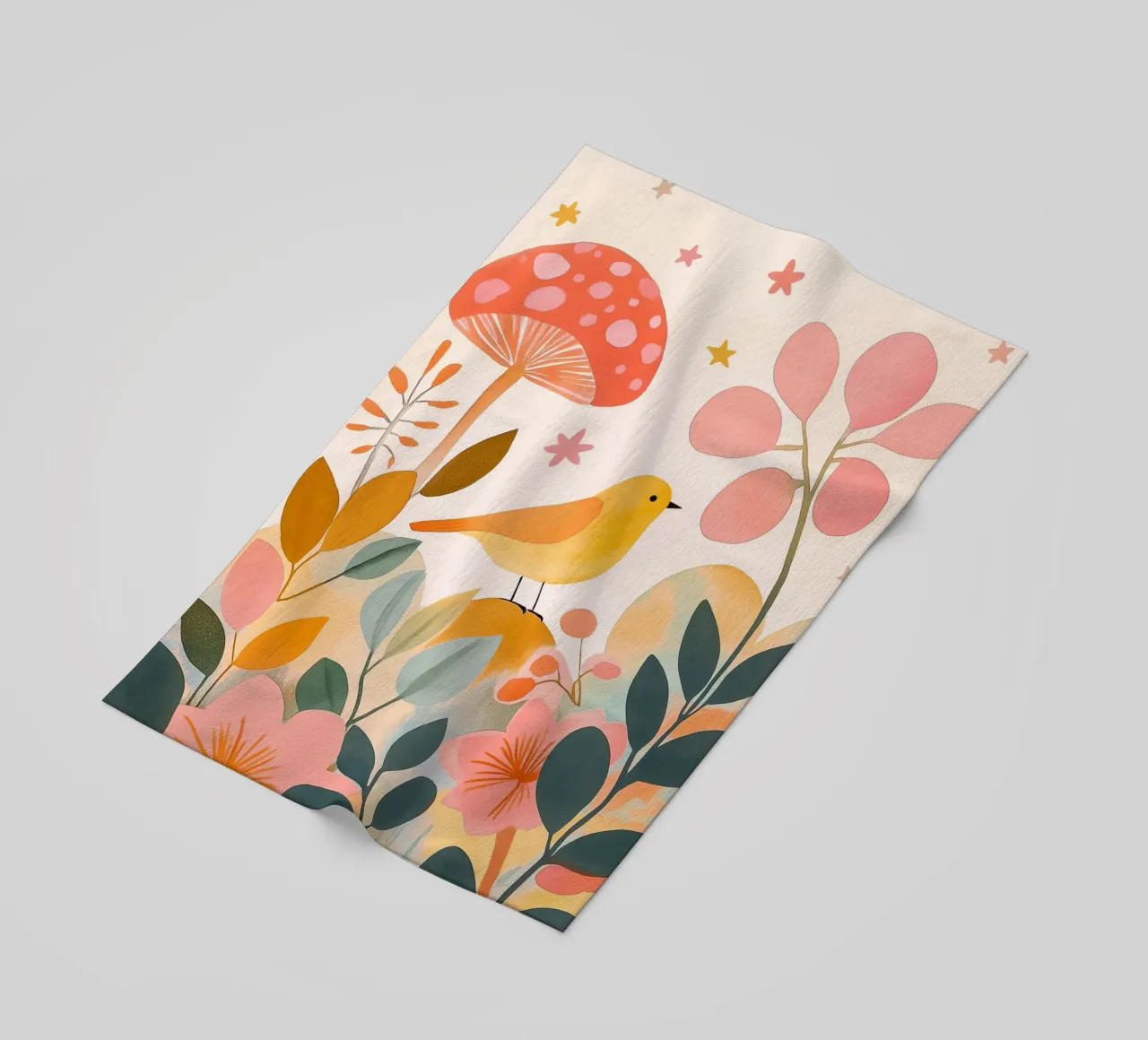Mignon oiseau jaune dans un jardin de champignons Boho Botanique Automne serviette de plage de Gentle Echoes Art