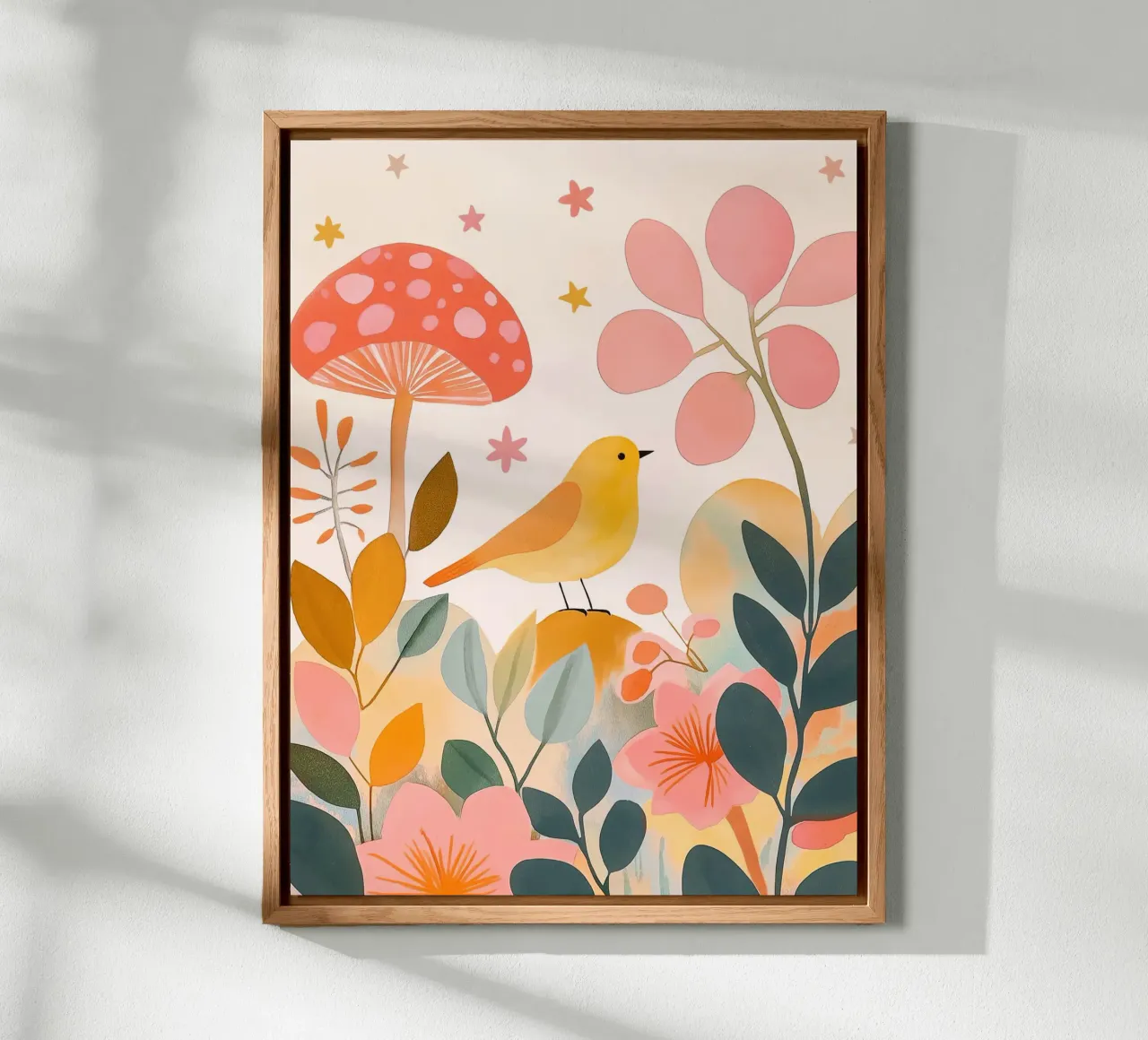 Mignon oiseau jaune dans un jardin de champignons Boho Botanique Automne alu dibond de Gentle Echoes Art