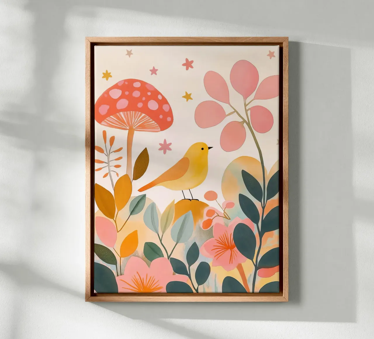 Uccello giallo carino nel giardino dei funghi Autunno botanico boho tela con Cornice a cassetta da Gentle Echoes Art