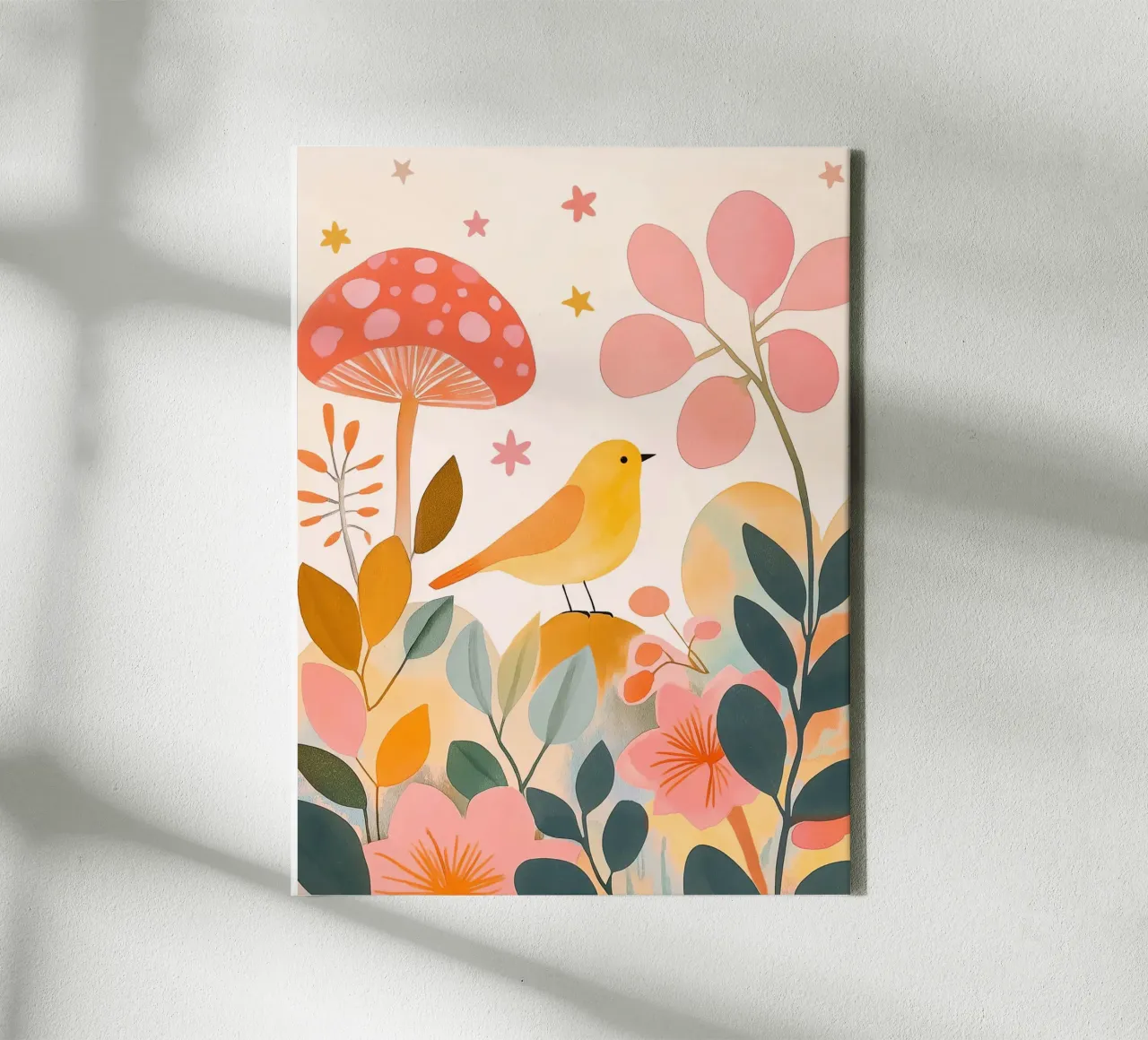 Uccello giallo carino nel giardino dei funghi Autunno botanico boho tela con Cornice a cassetta da Gentle Echoes Art