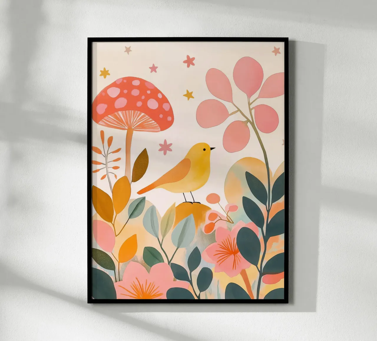 Cute Yellow Bird in Mushroom Garden Boho Botanical Autumn poster with wooden frame by Gentle Echoes Art