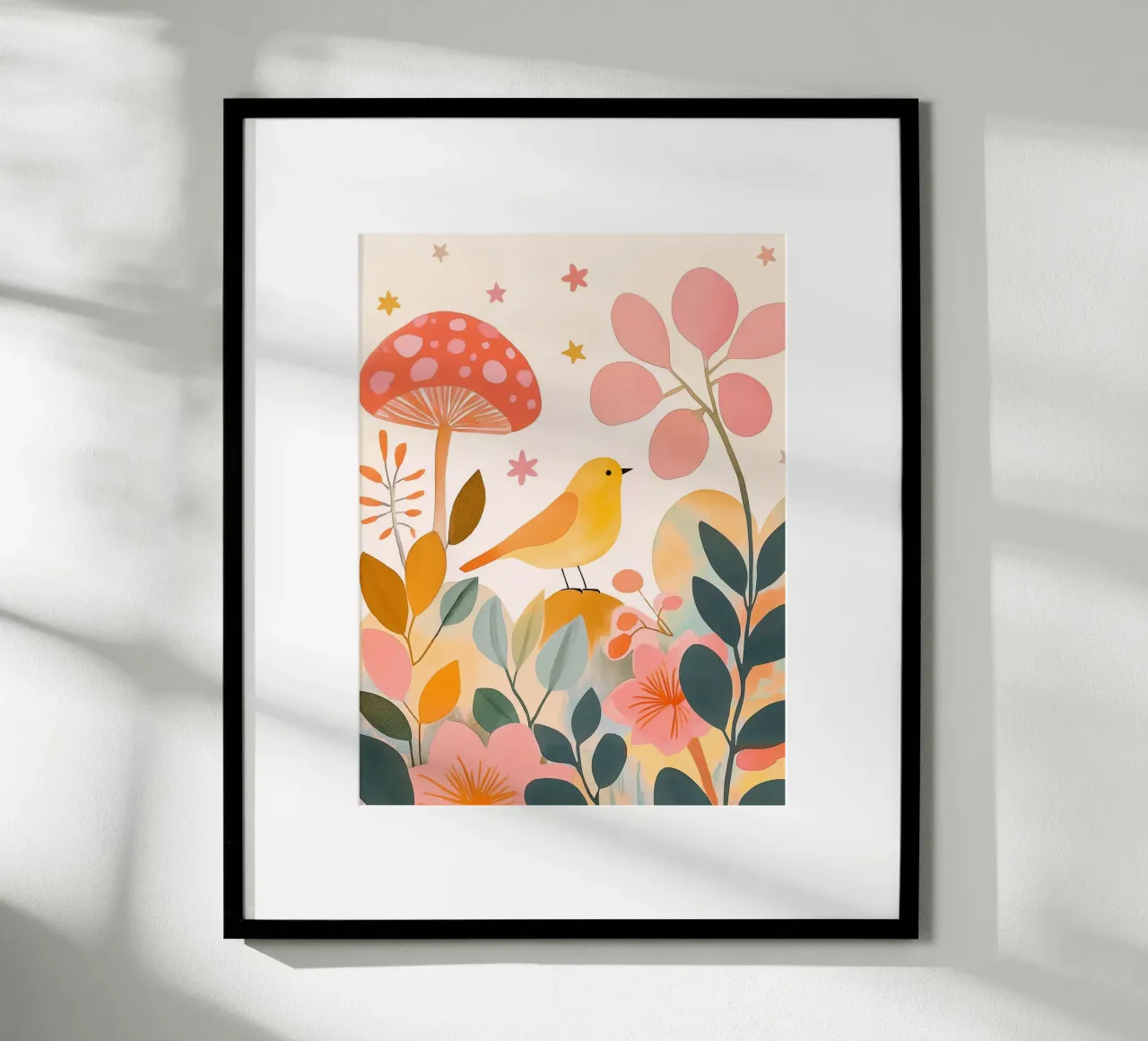 Cute Yellow Bird in Mushroom Garden Boho Botanical Autumn poster with wooden frame by Gentle Echoes Art