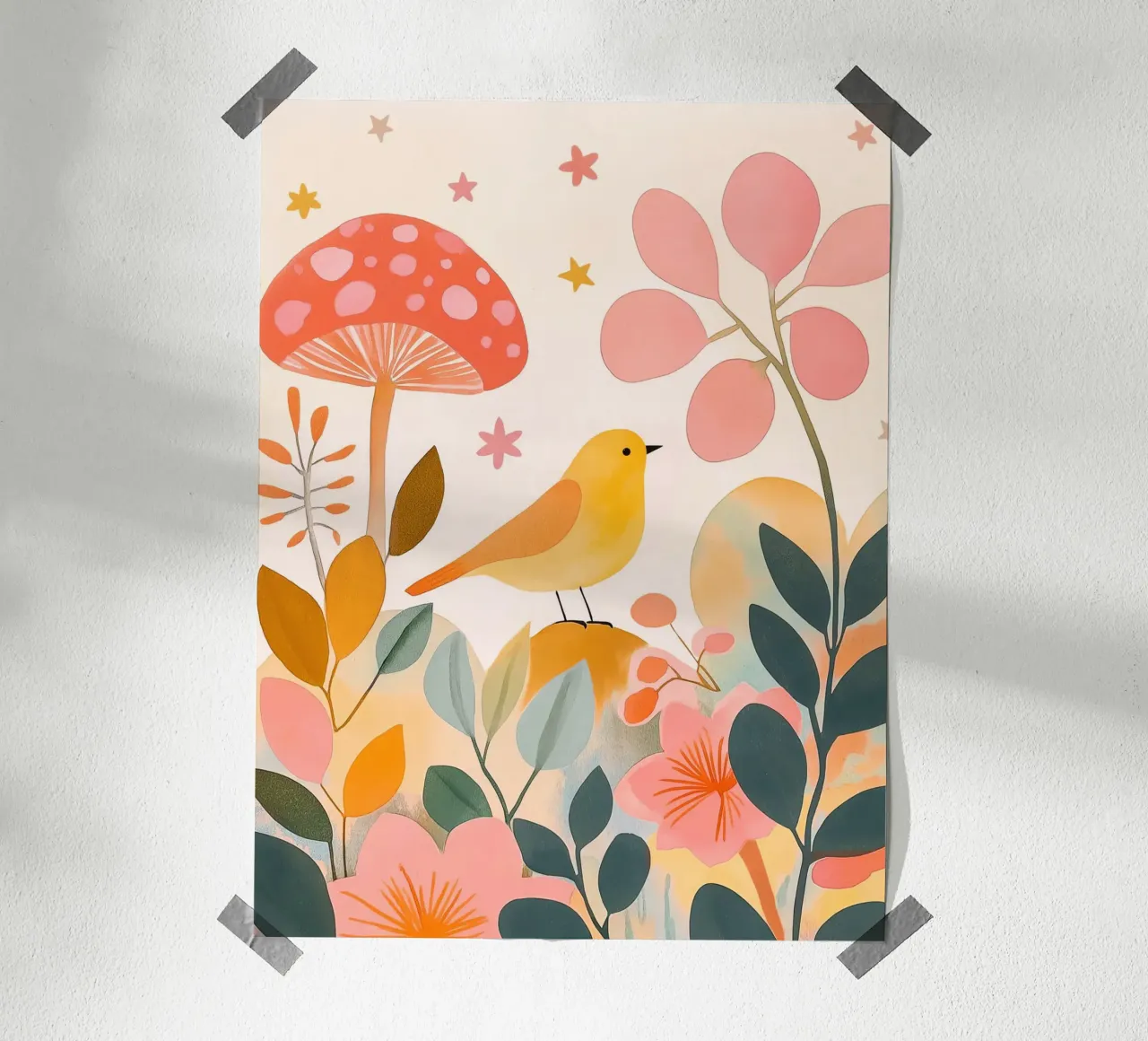 Cute Yellow Bird in Mushroom Garden Boho Botanical Autumn poster with wooden frame by Gentle Echoes Art
