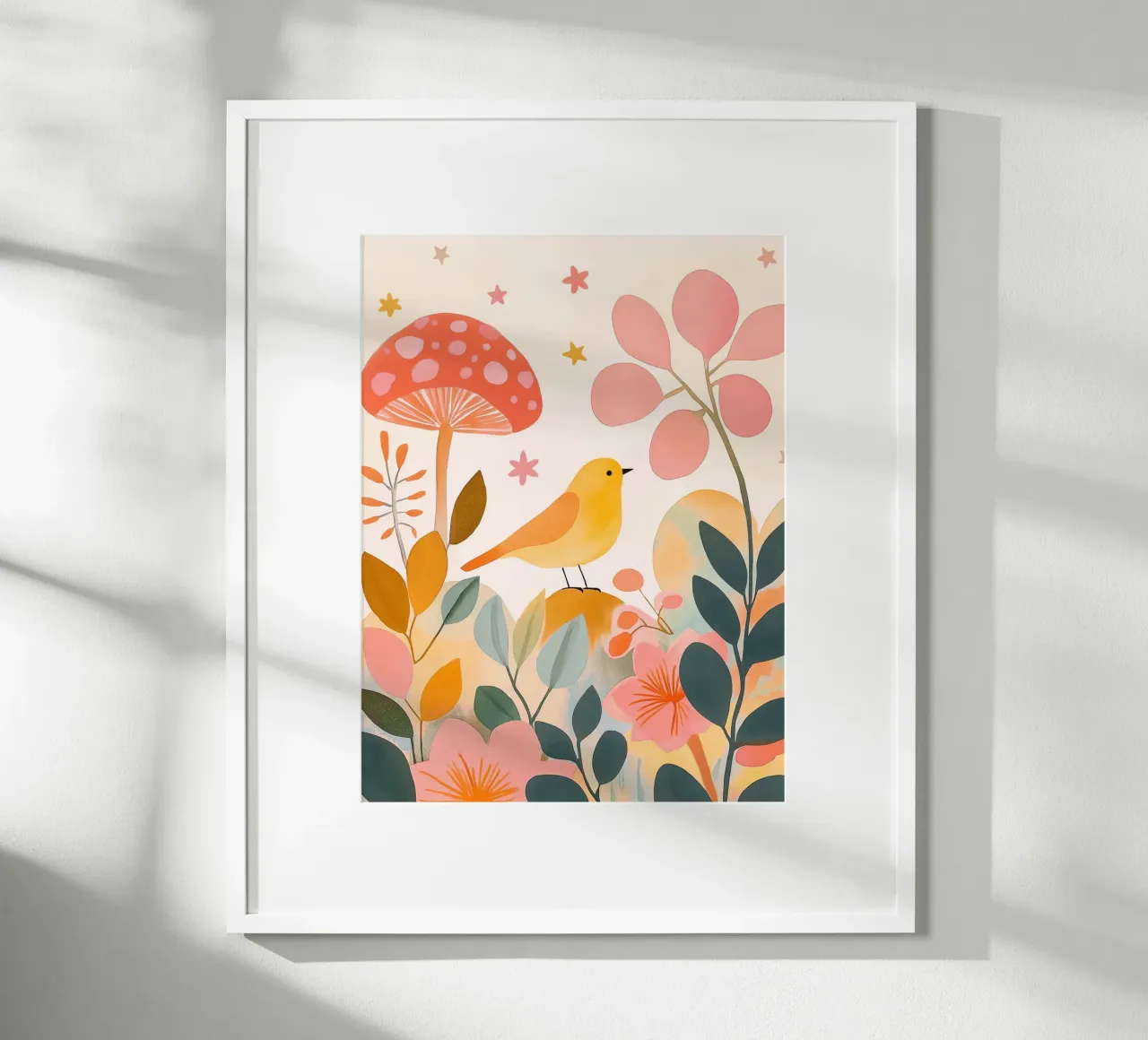 Cute Yellow Bird in Mushroom Garden Boho Botanical Autumn poster with wooden frame by Gentle Echoes Art